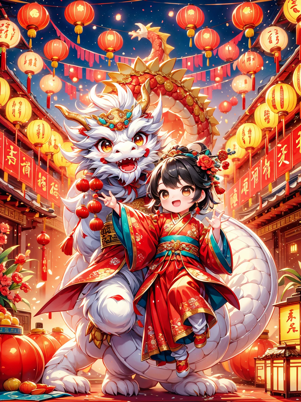 （Super fine，HD：1.2），Extremely cute toddler princess，Chinese dragon，Chinese New Year Celebration，firecrackerecrackers，red spring couplets，bright colors，traditional clothing，Joyful and peaceful atmosphere，lantern，auspicious symbols，dragon dance，Festive decorations，Lively crowd，Happy kids，Dynamic expressions，Fine dragon scales，The embroidery is exquisite，The pattern is fine，spinning dragon tail，Dynamic movements，Traditional music，Rhythm drum beat，Laughter，Gold ornaments，Auspicious red，Bustling street，Excitement in the air，明亮的lantern，Energetic energy，cultural heritage，festive atmosphere，Traditional customs，prosperity and good luck，A vibrant celebration，heartwarming reunion