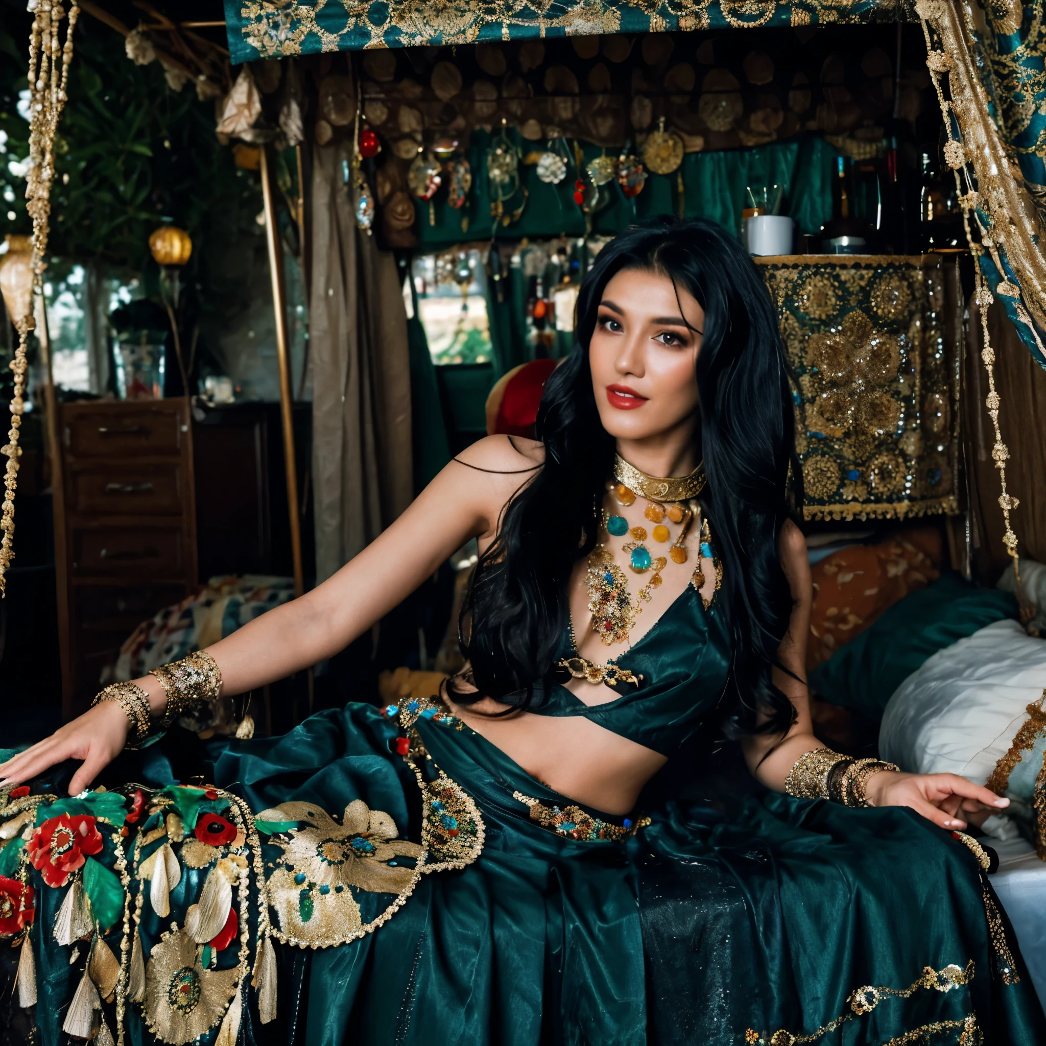 interior of gypsy cart with 1 beautiful, strong and sexy gypsy with long black hair and smooth skin and ornaments on her forehead