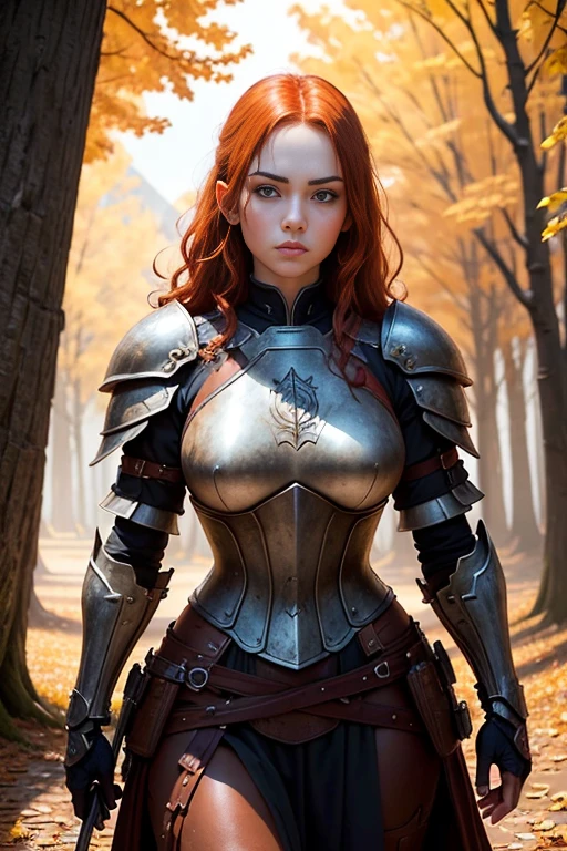 (Young 19 year old woman), (Caucasian with fiery red hair, ojos brillantes, expresiones faciales feroces) (imagen de cuerpo completo) (cuerpo delgado: 0.8) (pechos enormes: 1.5) (armadura medieval de guerrera intrincadamente detallada, capa forrada de piel, corona enjoyada), Their armor is rusted by leaves and wood. seria, extremadamente barroca, rubor suave y cara bonita, postura de ataque, hilt, sosteniendo una cimitarra, Full Scene Action, fondo de bosque, luz solar tenue, verdor, Heroic Fantasy Style, Dramatic lighting with strong contrasts of light and shadow,  (obra maestra: 1.4), (fotorrealista: 1.2), (la mejor calidad), (8k),  (cinematography lighting) (sharp focus),  (epic composition) (Super detail), (ultra HD), Funny whimsical epic movie poster, (disparo a nivel de los ojos) , (Pro Lighting: 1.25)
