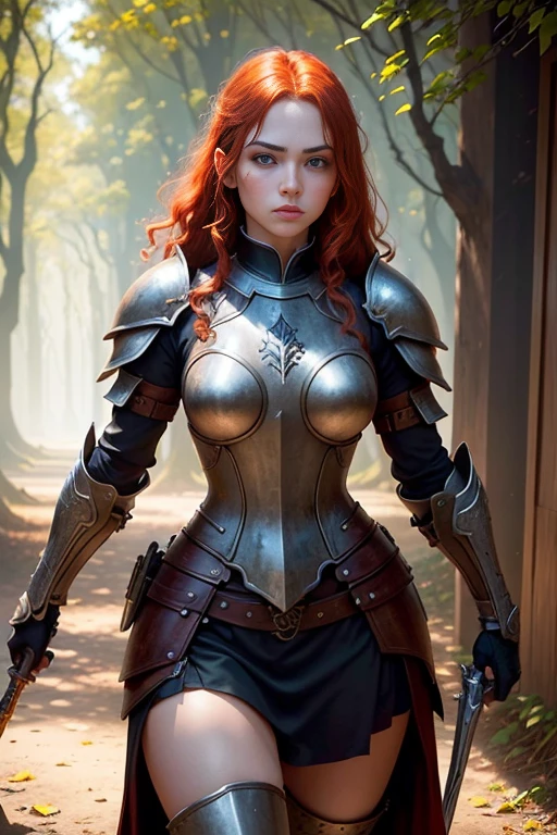 (Young 19 year old woman), (Caucasian with fiery red hair, ojos brillantes, expresiones faciales feroces) (imagen de cuerpo completo) (cuerpo delgado: 0.8) (pechos enormes: 1.5) (armadura medieval de guerrera intrincadamente detallada, capa forrada de piel, corona enjoyada), Their armor is rusted by leaves and wood. seria, extremadamente barroca, rubor suave y cara bonita, postura de ataque, hilt, sosteniendo una cimitarra, Full Scene Action, fondo de bosque, luz solar tenue, verdor, Heroic Fantasy Style, Dramatic lighting with strong contrasts of light and shadow, (obra maestra: 1.4), (fotorrealista: 1.2), (la mejor calidad), (8k), (cinematography lighting) (sharp focus), (epic composition) (Super detail), (ultra HD), Funny whimsical epic movie poster, (disparo a nivel de los ojos) , (Pro Lighting: 1.25)