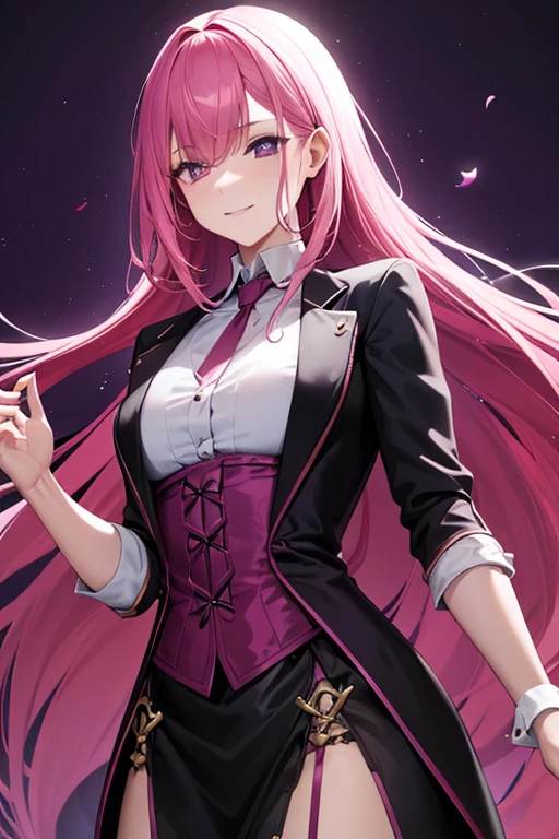 A handsome pink haired man with violet eyes with long hair is swallowing swords at a Gothic circus in a fancy costume.

