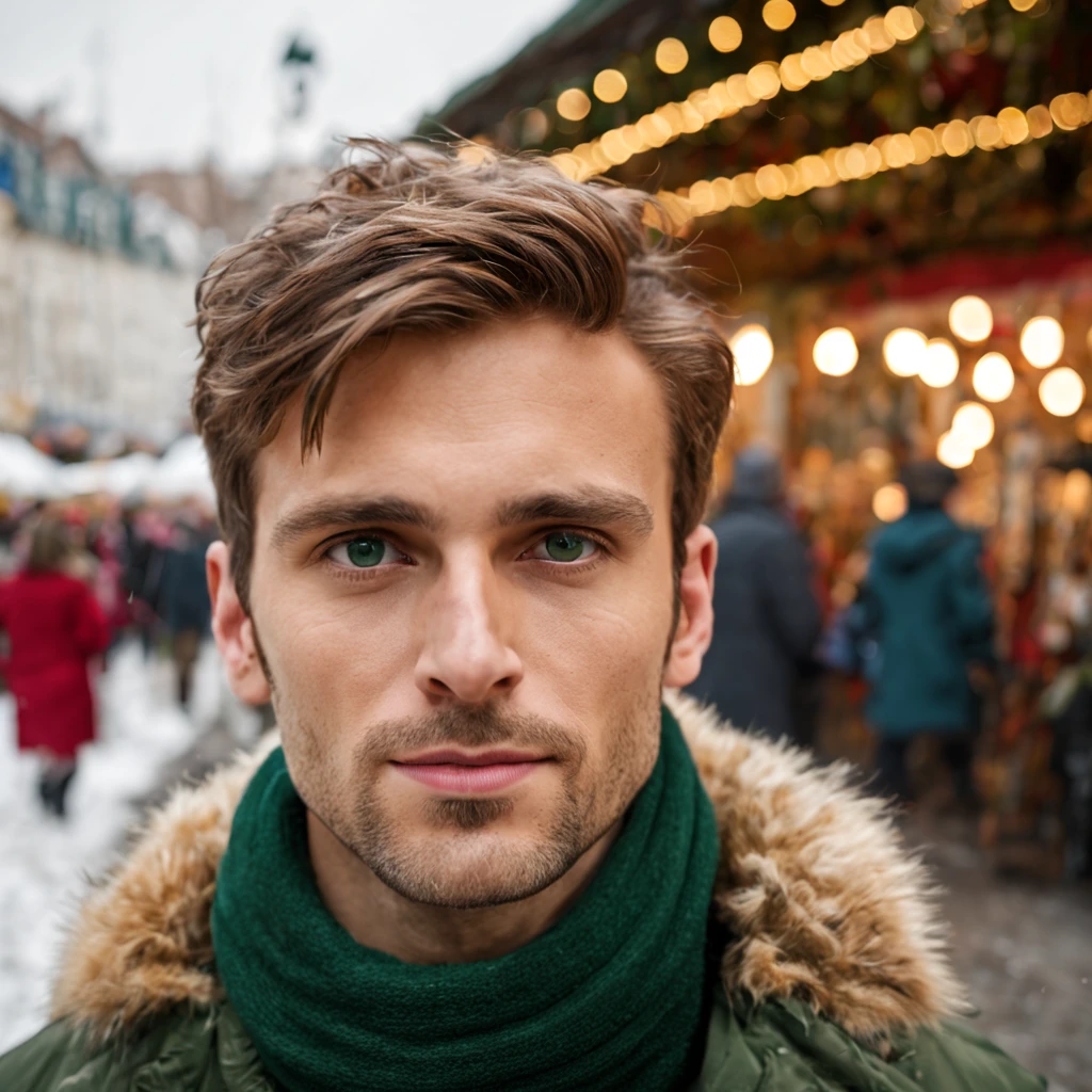 A captivating 35-year-old Caucasian man exudes handsome charm as he takes his own image amidst the bustling Vienna Christmas fair. Green seductive eyes radiate alluring charm, while a small, defined nose adds to his striking features, dark blonde hair. Selfie is taken by Canon dslr, the portrait is an ultra-detailed and expressive masterpiece, showcasing every pore and texture. ((Top Quality, 8k, Masterpiece: 1.5)), Raw photography, ((Best Selfie, 1.2))