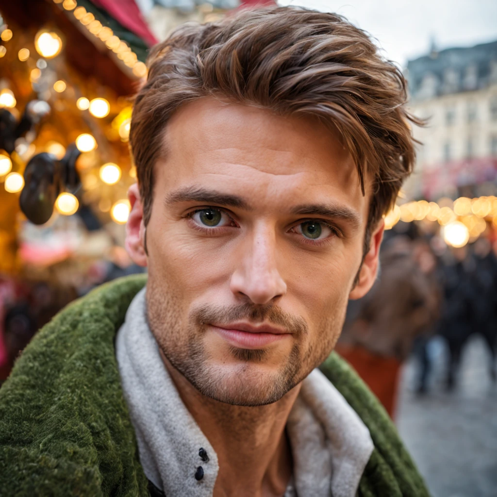 A captivating 35-year-old Caucasian man exudes handsome charm as he takes his own image amidst the bustling Vienna Christmas fair. Green seductive eyes radiate alluring charm, while a small, defined nose adds to his striking features, dark blonde hair. Selfie is taken by Canon dslr, the portrait is an ultra-detailed and expressive masterpiece, showcasing every pore and texture. ((Top Quality, 8k, Masterpiece: 1.5)), Raw photography, ((Best Selfie, 1.2))
