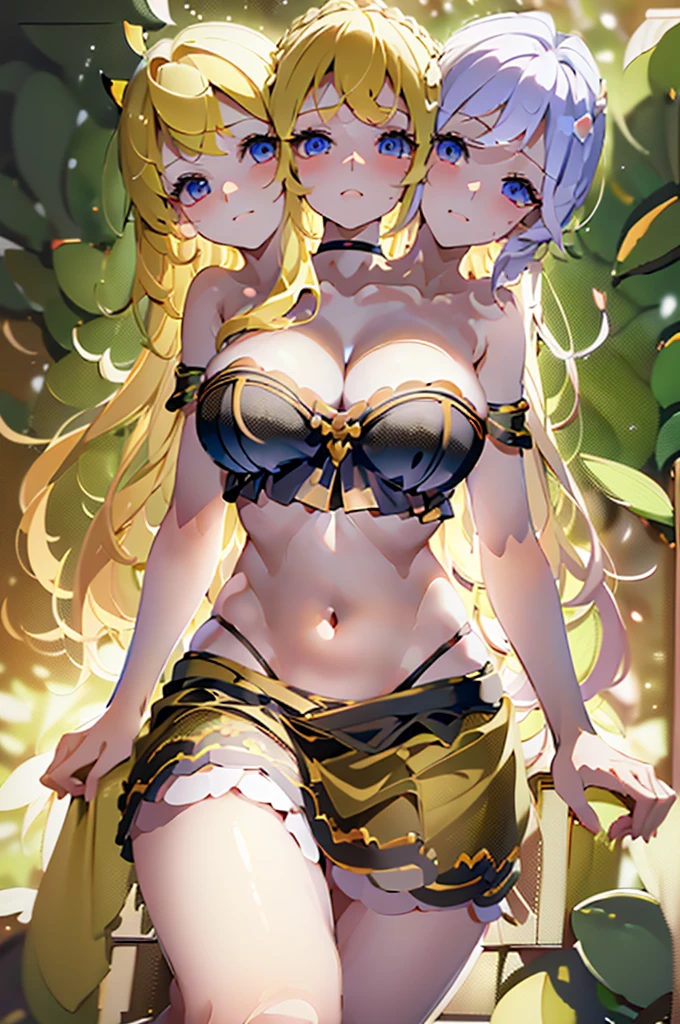 (masterpiece, best quality),best quality, (ultra-detailed), (3heads:1.5), 1girl, (lily white:1.3), masterpiece, best quality, white top, crop top, ((stomach)), midriff, ((groin)), white skirt, normal ears, shackles, yellow hair, very long hair, wavy hair, sidelocks, blue eyes, parted lips, single horn, sweat, cute, toned belly, hand on own chest, eyelashes, (23 year old woman:1.3), (masterpiece:1.5), (best quality:1.5), (beautiful detailed extremely detailed CG, extremely delicate and beautiful, depth of field, (finely detailed face), (perfect details:1.1), (mature female:1.3), wide pelvis, slender, large veiny breast, 8k resolution, high quality, high definition, extremely detailed, masterpiece, best quality, yellow hair, long hair, alluring presence, braid, short skirt, close up, big tits, young, fairy wings,