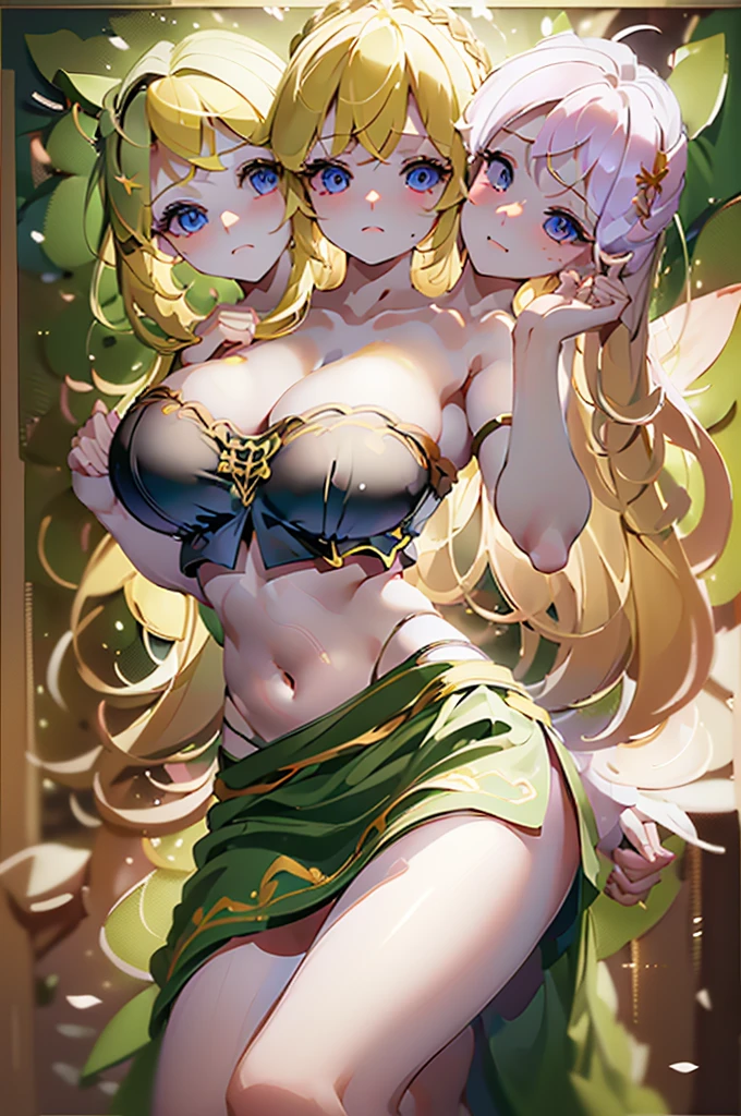 (masterpiece, best quality),best quality, (ultra-detailed), (3heads:1.5), 1girl, (lily white:1.3), masterpiece, best quality, white top, crop top, ((stomach)), midriff, ((groin)), white skirt, normal ears, shackles, yellow hair, very long hair, wavy hair, sidelocks, blue eyes, parted lips, single horn, sweat, cute, toned belly, hand on own chest, eyelashes, (23 year old woman:1.3), (masterpiece:1.5), (best quality:1.5), (beautiful detailed extremely detailed CG, extremely delicate and beautiful, depth of field, (finely detailed face), (perfect details:1.1), (mature female:1.3), wide pelvis, slender, large veiny breast, 8k resolution, high quality, high definition, extremely detailed, masterpiece, best quality, yellow hair, long hair, alluring presence, braid, short skirt, close up, big tits, young, fairy wings,