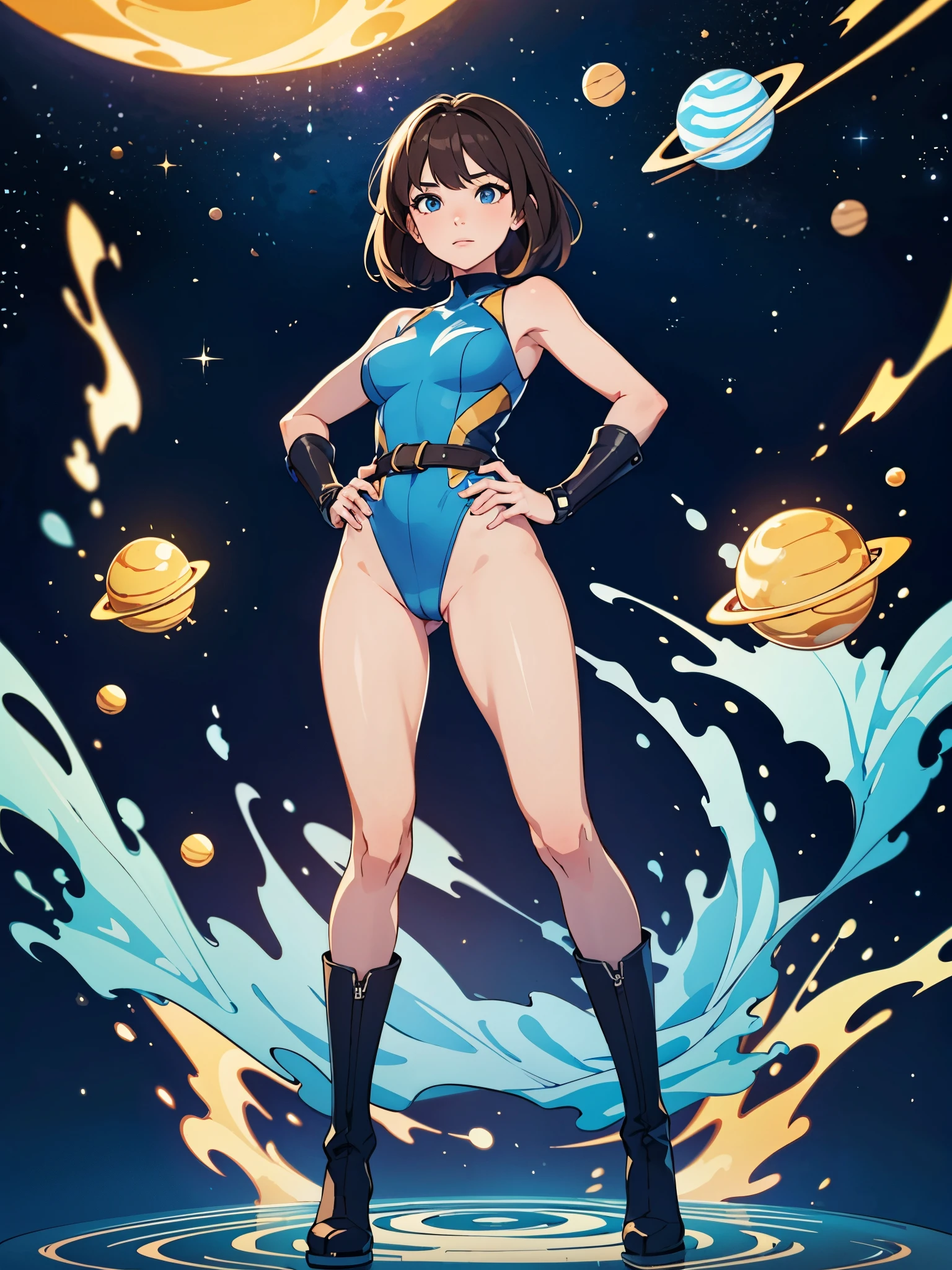 (((pixel-perfect, detail-perfect))), 1girl, superhero, leotard, highleg leotard, bare legs, boots, standing, solo focus, golden belt, hands on hip, full body shot, outer space, sleeveless, ultra highres, absurdres, beautiful face, detailed eyes, symmetric eyes, perfect body, good proportions, mature lady, brown hair, bob hair, blue light, light swirls around her body, ((only five fingers))