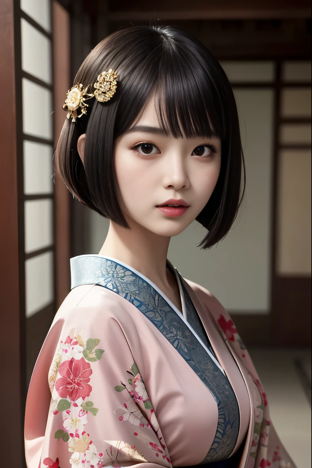 Highest quality, masterpiece, High resolution, One girl, Beautiful and perfect face, Bobcut, Japanese Clothing,kimono, Intricate details, Cinematic atmosphere, 8K, Very detailed  