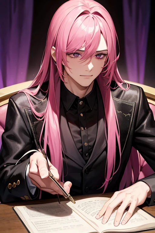 A handsome pink haired man with violet eyes with long hair is reading tarot cards at a Gothic circus in a fancy costume.