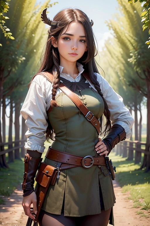 (Obra maestra, La mejor calidad) young 18 year old woman, Cabello largo, ojos azules, cabello rubio, brown hair, tenencia, boca cerrada, Parte superior del cuerpo, arma, trenza, al aire libre, tenencia arma, armadura vikinga, Profundidad de campo, realista.