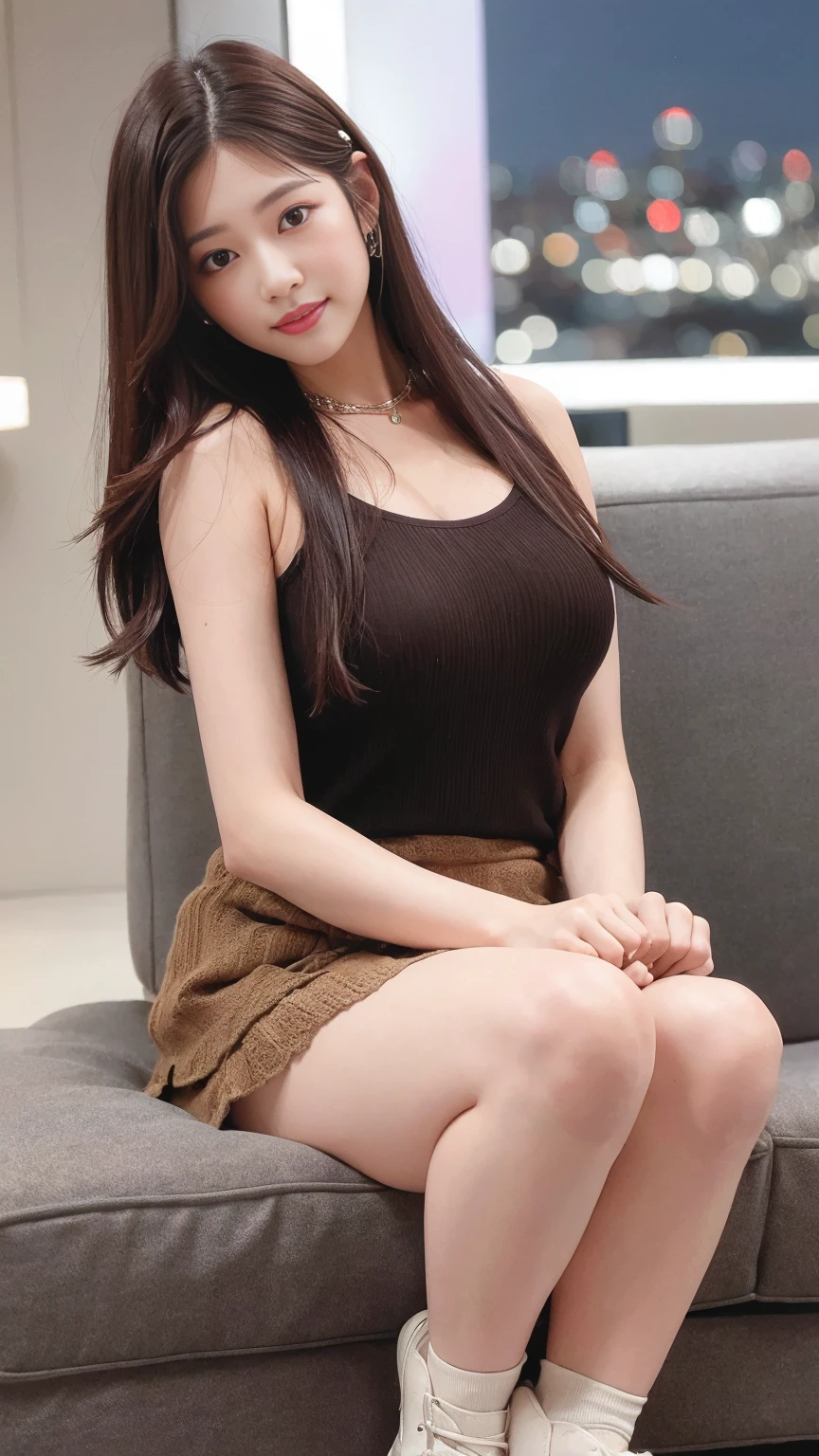 ((Midnight, Best quality, 8k, Masterpiece :1.3)), Whole body, Long legs, Sharp focus :1.2, A pretty woman with perfect figure :1.4, Slender abs, slender thigh :1.1, ((Dark brown hair, Big breasts :1.2)), (tanktop, skirt, sneakers, sitting :1.2), ((Night city view, couch :1.3)), Highly detailed face and skin texture, Detailed eyes, Double eyelid, close up, smirk, From below, legs open