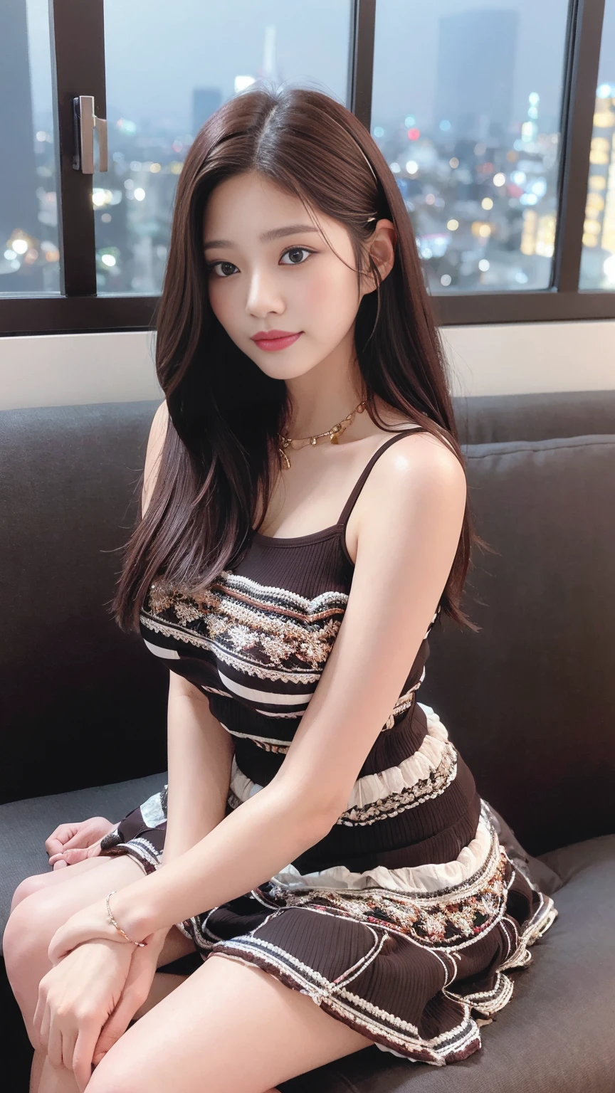 ((Midnight, Best quality, 8k, Masterpiece :1.3)), Whole body, Long legs, Sharp focus :1.2, A pretty woman with perfect figure :1.4, Slender abs, slender thigh :1.1, ((Dark brown hair, Big breasts :1.2)), (tanktop, skirt, sneakers, sitting :1.2), ((Night city view, couch :1.3)), Highly detailed face and skin texture, Detailed eyes, Double eyelid, close up, smirk, From below, legs open