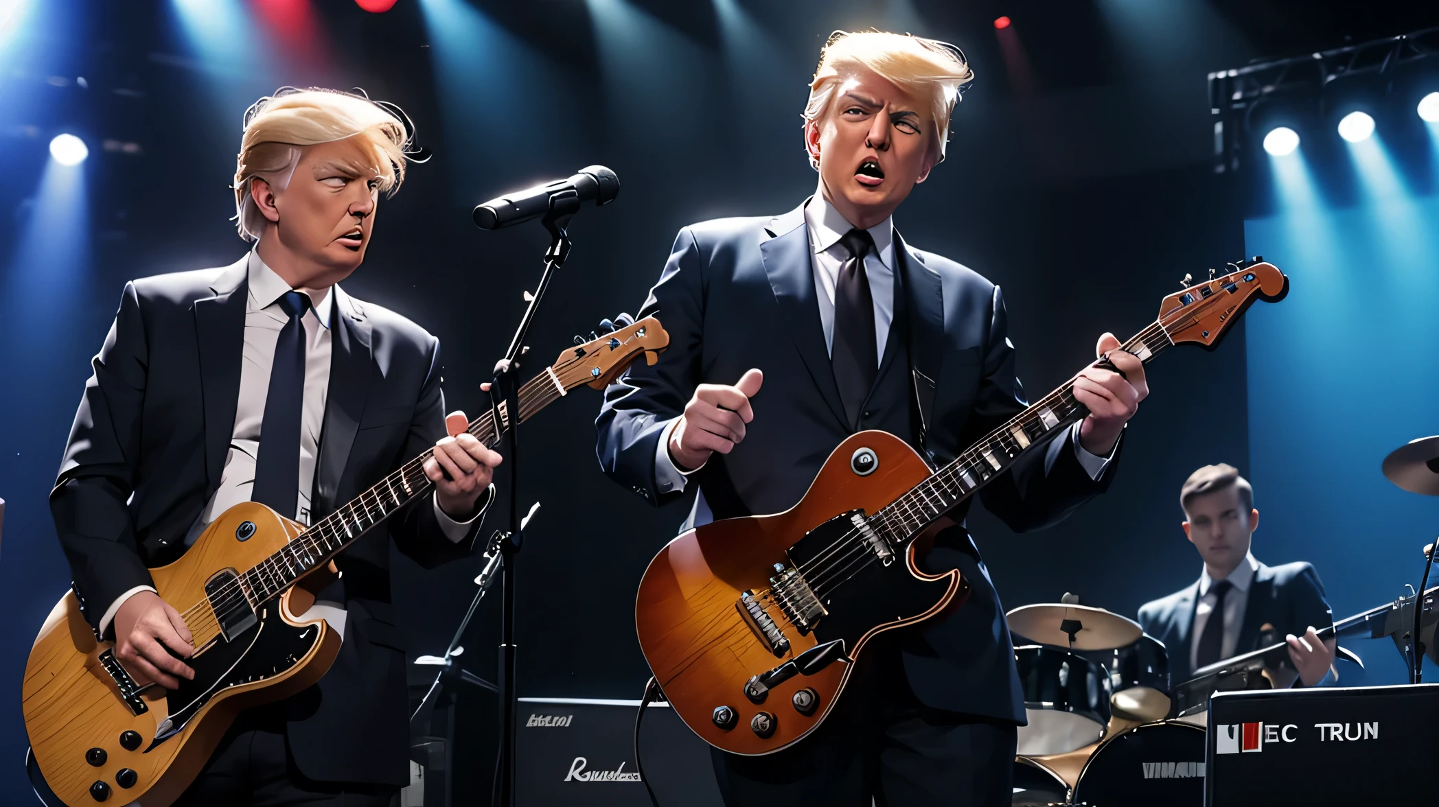 (donald Trump realista) 8k,roupas DE rock and roll, tocando guitarra eletric guitar alone in stage, uhd