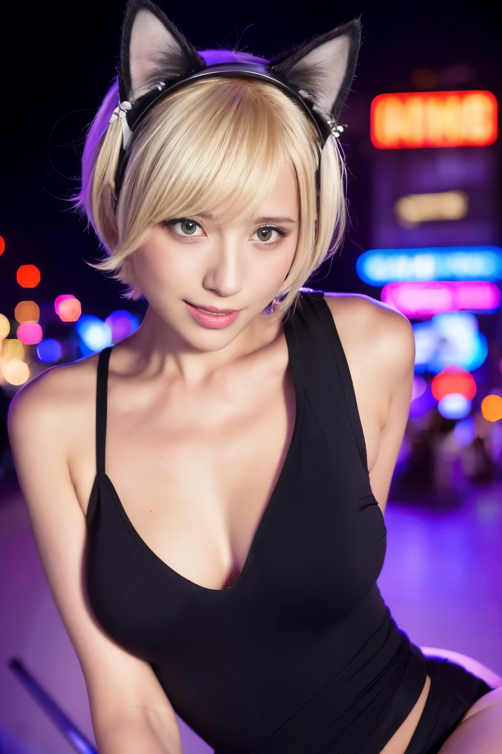 1 girl,(Wearing cat ear cosplay:1.4),(RAW photo, highest quality), (realistic, photo-realistic:1.4), masterpiece, very delicate and beautiful, very detailed, 2k wallpaper, wonderful, finely, very detailed CG unity 8k wallpaper, Super detailed, High resolution, soft light, beautiful detailed girl, very detailed eyes and face, beautifully detailed nose, beautiful and detailed eyes,cinematic lighting,illuminated by neon lights at night,perfect anatomy,slender body,crowd,(smile),blonde hair,(short hair)