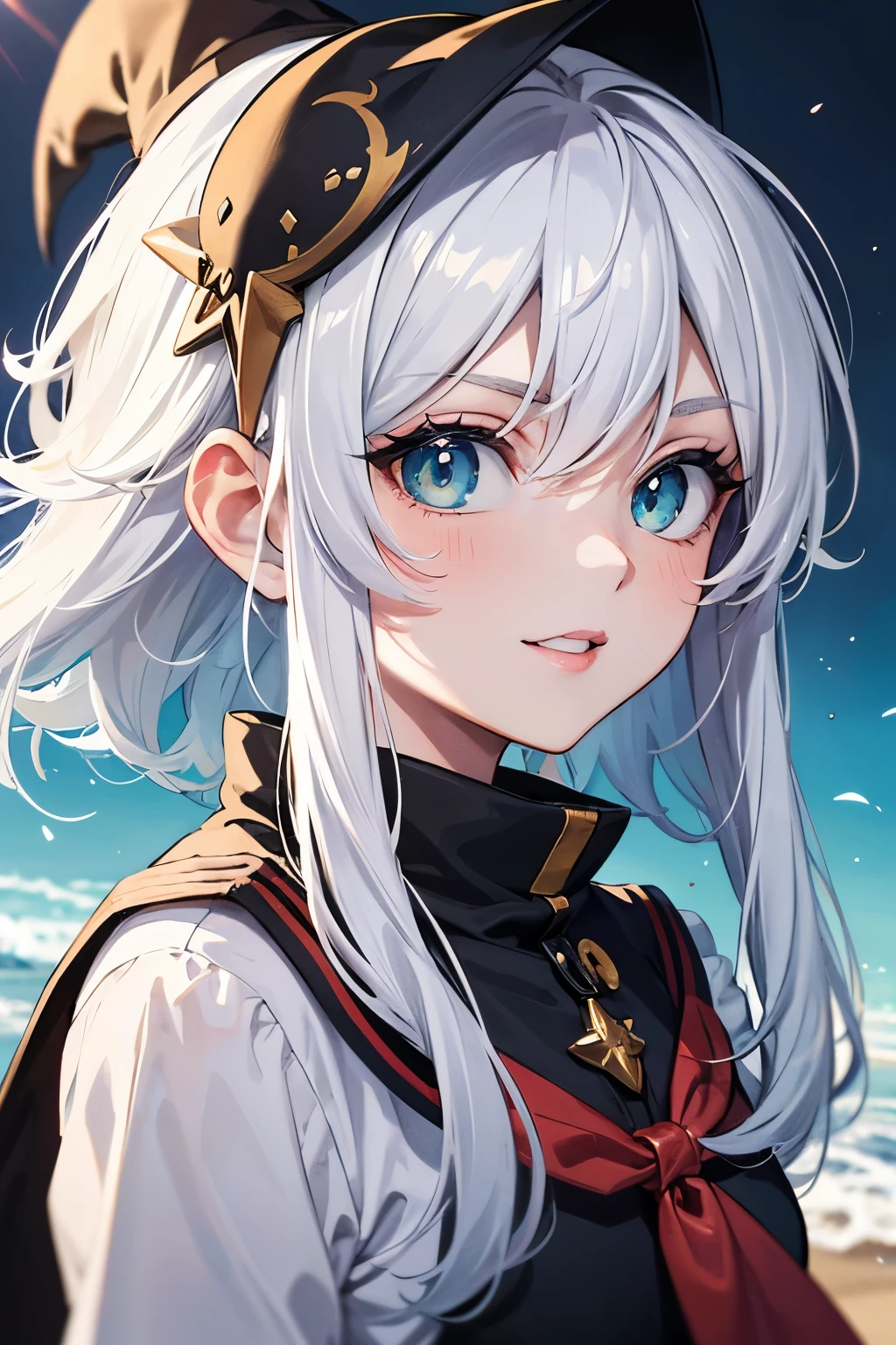 (Olhos nas bochechas:1.3),(White messy hair with details:1.7),cabelos volumosos(foco facial:1.3) (fundo praia:1.3),(Melancolia e sorriso suave:1.3) ,(peito medio:1.0),(Close-up labial:1.3),(Olhos arregalados:1.3), (Gothic green witch dress:1.2), (wearing black sweatpants:1.3), (Fitas iridescentes complexas:1.3), (regata branca curta:1.3),A deep blue sky and a vortex of light enveloped her, 5D Canon, 85 millimeters, profundidade de campos, 8k, Ultra nitidez, NFFSW, Octano, irreal, dramatic light, global ilumination,Filme,Rainbow,Lensflare,(olhos azuis:1.3),olho extremamente detalhado,(Art Rainbow Star:1.3),(fantasia:1.3),(Agfacolor:1.3),(Close portrait:1.3),(Feminino:1.4),(Beautiful:1.4),(atraente:1.3),Move an angle,olhos perfeitamente detalhados,Thematic background, (anime:1.4)