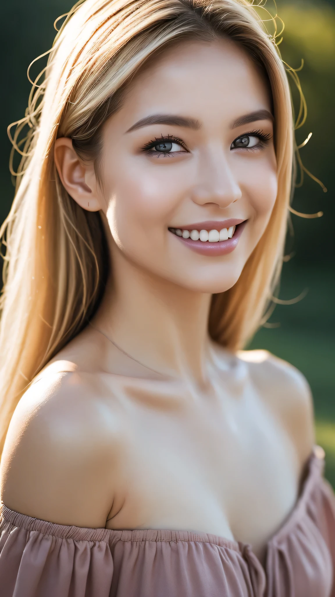 1girl, (highly detailed eyes, highly detailed face), blonde hair, (off shoulder), breasts, caute smile, (best quality:1.4), Raw photo, (Ultra realistic), (photo-realistic:1.4), professional photography, cinematic light, depth of fields, twilight, sunset