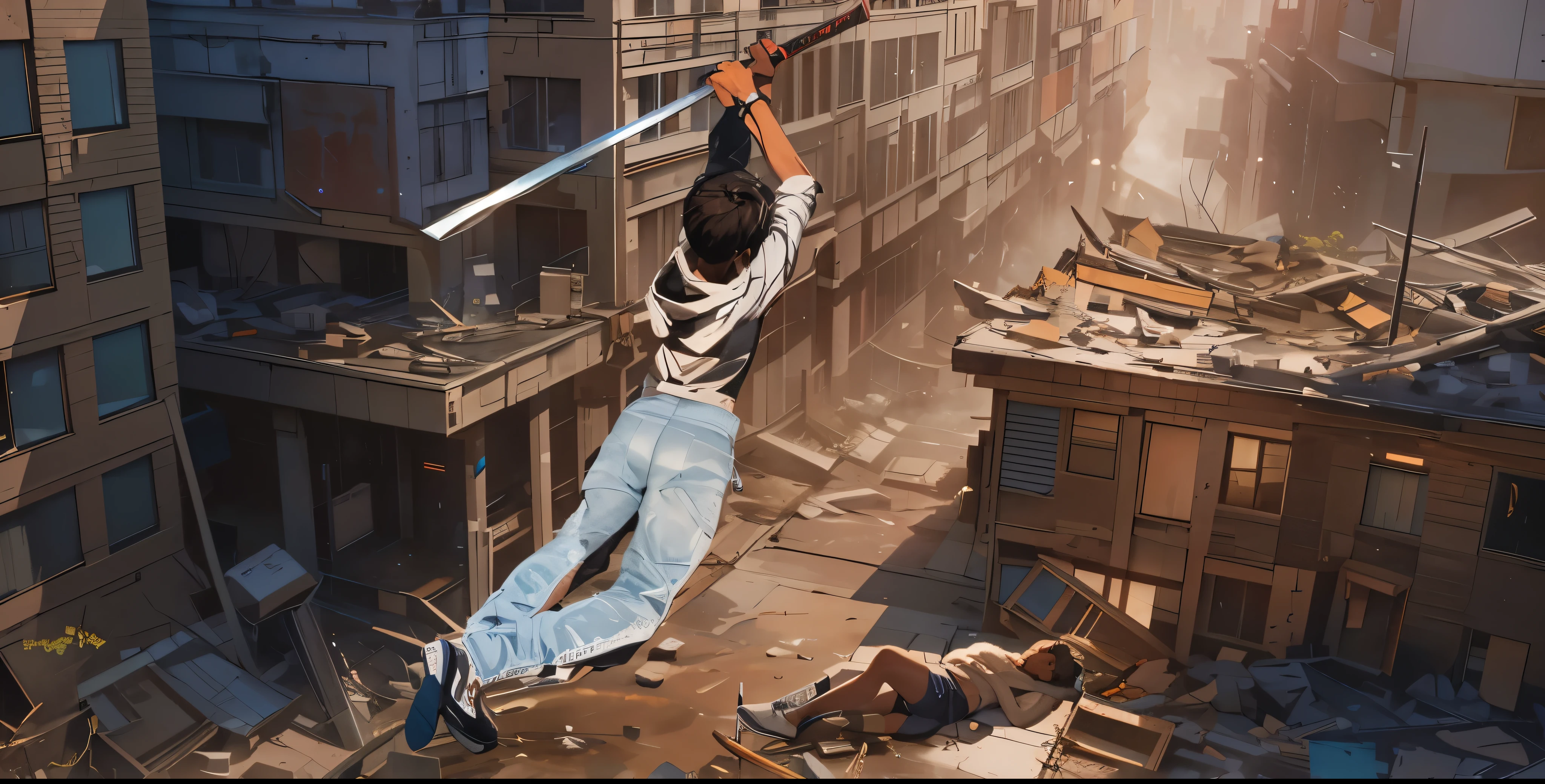 Capture the breathtaking moment as a young, dark-skinned man wearing glasses, dressed in a crisp white windbreaker hoodie, aggressively holds katana to strike from above. This RAW masterpiece showcases an ultra-high resolution, photorealistic full-body portrait, illuminated by the warm glow of sunlight. The scene is rendered in the captivating style of mecha sci-fi anime, boasting an impressive 8K resolution for the best quality imagery. Crafted with Unreal Engine 1.4, this piece features ultra-realistic 64K CG, skin texture at 1.4, and volumetric fog to add depth and atmosphere. The details are further enhanced with 8K UHD, DSLR quality, film grain, and the artistic touch of lomography. The result is a stunning blend of high-quality visuals, translucent effects, and photorealism that truly captivates the viewer.