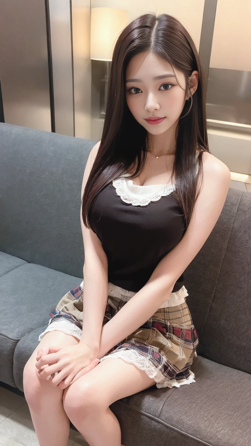 ((Midnight, Best quality, 8k, Masterpiece :1.3)), Whole body, Long legs, Sharp focus :1.2, A pretty woman with perfect figure :1.4, Slender abs, slender thigh :1.1, ((Dark brown hair, Big breasts :1.2)), (tanktop, skirt, sneakers, sitting :1.2), ((Night city view, couch :1.3)), Highly detailed face and skin texture, Detailed eyes, Double eyelid, close up, smirk, From below, legs open