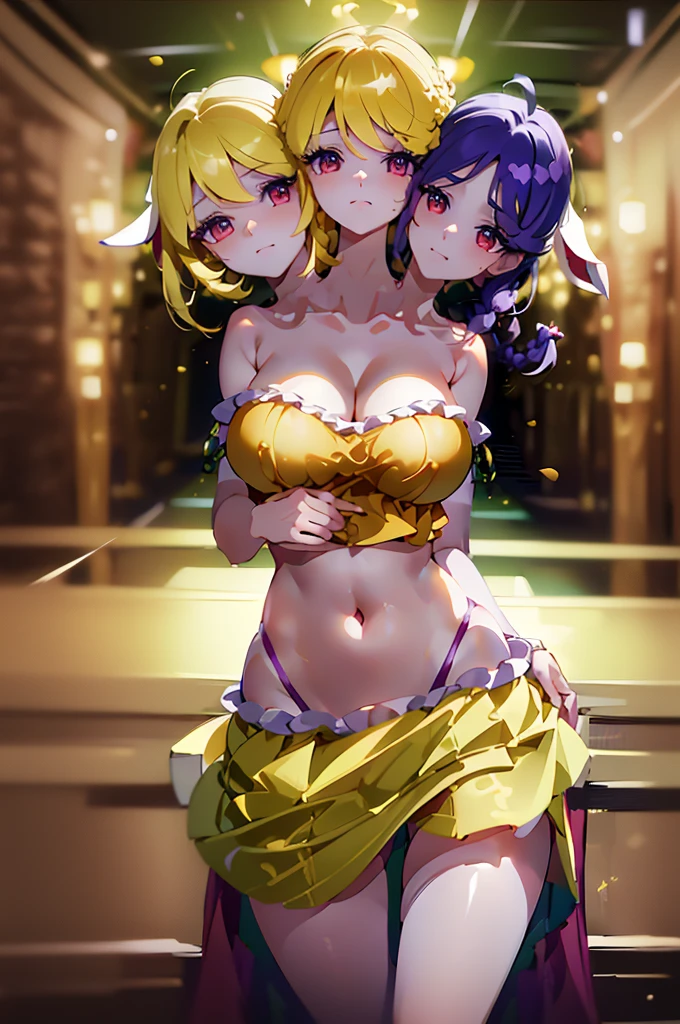 (masterpiece, best quality), best quality, (ultra-detailed), (3heads:1.5), 1girl, (ringo:1.3), masterpiece, best quality, orange top, crop top, ((stomach)), midriff, ((groin)), yellow skirt, normal ears, shackles, blonde hair, very long hair, wavy hair, sidelocks, red eyes, parted lips, single horn, sweat, cute, toned belly, hand on own chest, eyelashes, (24 year old woman:1.3), (masterpiece:1.5), (best quality:1.5), (beautiful detailed, extremely detailed CG, extremely delicate and beautiful, depth of field, (finely detailed face), (perfect details:1.2), (mature female:1.3), wide pelvis, slender, large veiny breast, 8k resolution, high quality, high definition, extremely detailed, masterpiece, purple hair, long hair, alluring presence, braid, short skirt, close up, big tits, young, short hair, rabbit ears, bunny ears, brown patterned newsboy cap, 