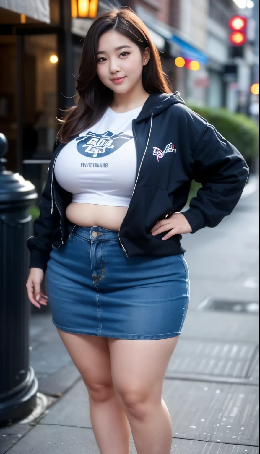 ((best quality)), ((masterpiece)), (detailed), perfect face, a woman in a dark-blue hoodie and long skirt random posing for a picture, bbwchan, thick body, thicc, she has a jiggly fat round belly, korean girl, curvy model, beautiful thick female, thick, heonhwa choe, widest hips, skinny waist and thick hips, alluring plus sized model, thick thighs, nene tanaka body, nene tanaka face. Bbwchan, full body view, wearing a red sneaker, big breast, woman in proportions body, big eye, big cheeks, chubby Thighs