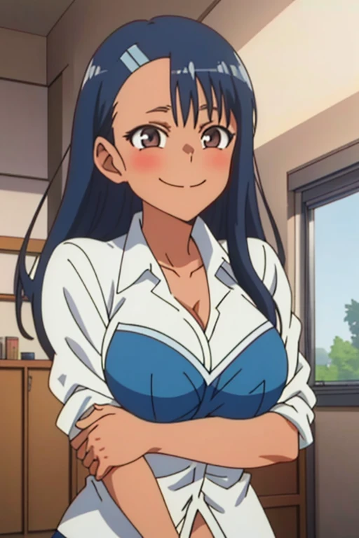 ((masterpiece:1.2)), best quality, nagatoro hayase, ((large breast)), pretty face, blue bra, blue panties, cowboy shot, light smile, anime screencap