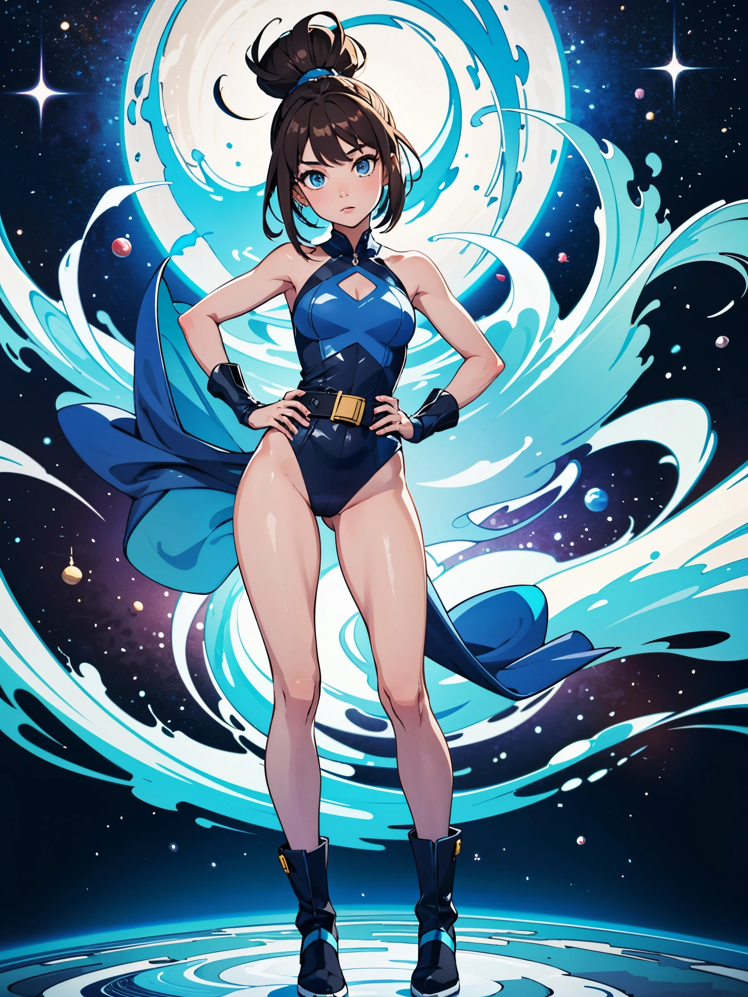 (((pixel-perfect, detail-perfect))), 1girl, superhero, leotard, highleg leotard, bare legs, boots, standing, solo focus, golden belt, hands on hip, full body shot, outer space, sleeveless, ultra highres, absurdres, beautiful face, detailed eyes, symmetric eyes, perfect body, good proportions, mature lady, brown hair, bob hair, (blue light, light swirls around her body), ((only five fingers))
