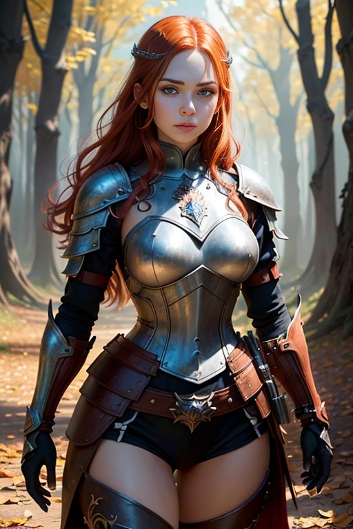 (Young 19 year old woman), (Caucasian with fiery red hair, ojos brillantes, expresiones faciales feroces) (imagen de cuerpo completo) (cuerpo delgado: 0.8) (pechos enormes: 1.5) (armadura medieval de guerrera intrincadamente detallada, capa forrada de piel, corona enjoyada), Their armor is rusted by leaves and wood. seria, extremadamente barroca, rubor suave y cara bonita, postura de ataque, hilt, sosteniendo una cimitarra, Full Scene Action, fondo de bosque, luz solar tenue, verdor, Heroic Fantasy Style, Dramatic lighting with strong contrasts of light and shadow, (obra maestra: 1.4), (fotorrealista: 1.2), (la mejor calidad), (8k), (cinematography lighting) (sharp focus), (epic composition) (Super detail), (ultra HD), Funny whimsical epic movie poster, (disparo a nivel de los ojos) , (Pro Lighting: 1.25)