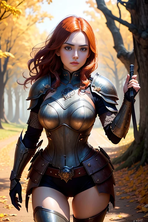 (Young 19 year old woman), (Caucasian with fiery red hair, ojos brillantes, expresiones faciales feroces) (imagen de cuerpo completo) (cuerpo delgado: 0.8) (pechos enormes: 1.5) (armadura medieval de guerrera intrincadamente detallada, capa forrada de piel, corona enjoyada), Their armor is rusted by leaves and wood. seria, extremadamente barroca, rubor suave y cara bonita, postura de ataque, hilt, sosteniendo una cimitarra, Full Scene Action, fondo de bosque, luz solar tenue, verdor, Heroic Fantasy Style, Dramatic lighting with strong contrasts of light and shadow, (obra maestra: 1.4), (fotorrealista: 1.2), (la mejor calidad), (8k), (cinematography lighting) (sharp focus), (epic composition) (Super detail), (ultra HD), Funny whimsical epic movie poster, (disparo a nivel de los ojos) , (Pro Lighting: 1.25)