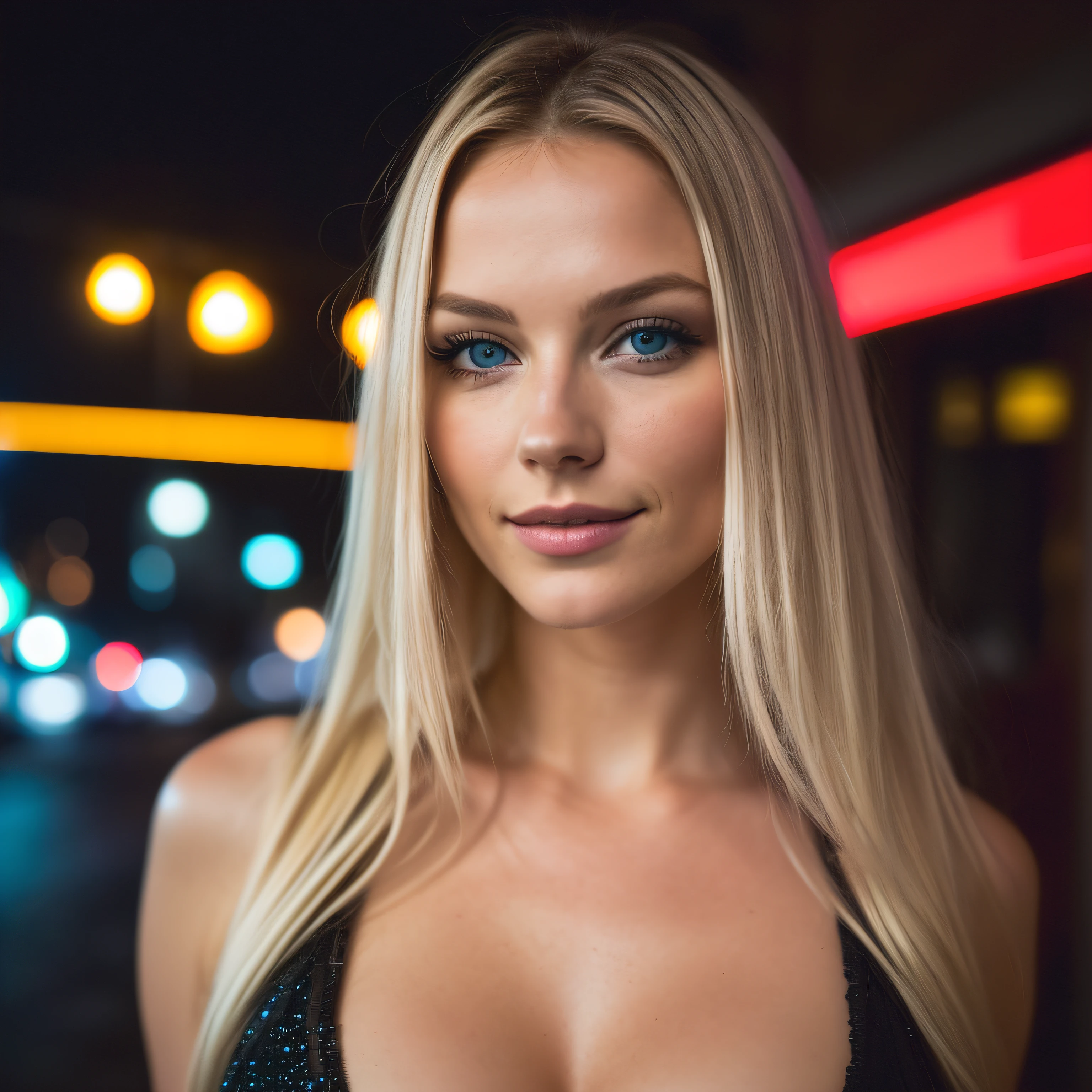 (Selfie, Draufsicht: 1.4), (straight half of the body: 1.4), RAW UHD portrait photo of a 24-year-old blonde (Blue-eyed woman) In einer Bar , big boobs,, Stadt bei Nacht, (Rock), (Ausschnitt), Details (Gewebe! , Haar! , Glitzer, Farbe!! , Benachteiligungen: 1.1), shiny eyes with high level of detail (Blick in die Kamera), SLR-Beleuchtung, Spiegelreflexkamera, ultra quality, Sharpness, Depth of field, Filmkorn (Mitte), Fujifilm XT3, kristallklar, Rahmenmitte, Beautiful face, Scharfer Fokus, Streetlight, Neonbeleuchtung, bokeh (schwach beleuchtet), Nacht, (Nachthimmel), Detaillierte Hautporen, Oily skin, Sonnenbrand, Komplexe AugenDetails, full entire body, big