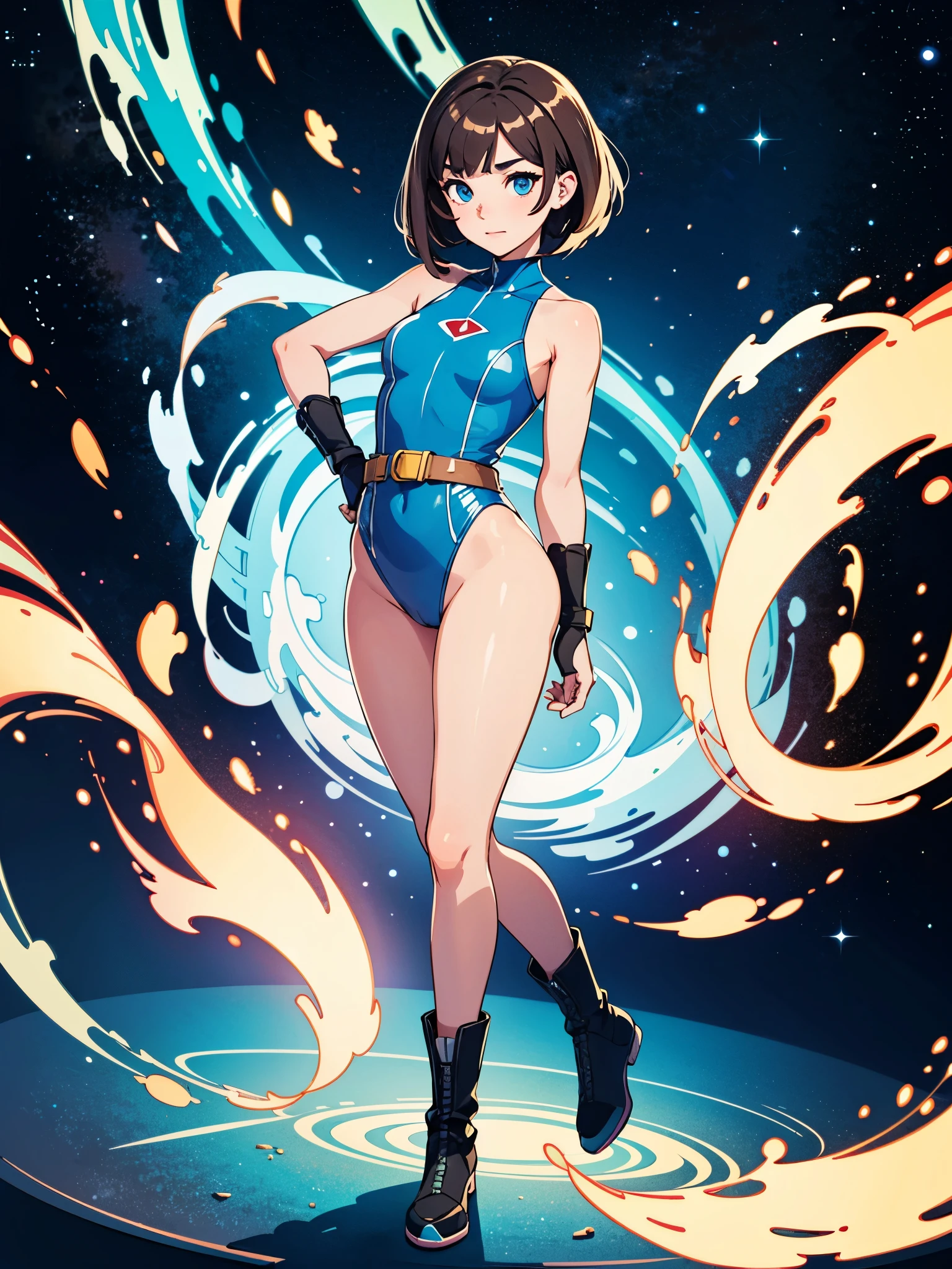 (((pixel-perfect, detail-perfect))), 1girl, superhero, leotard, highleg leotard, bare legs, boots, standing, solo focus, golden belt, hands on hip, full body shot, outer space, sleeveless, ultra highres, absurdres, beautiful face, detailed eyes, symmetric eyes, perfect body, good proportions, mature lady, brown hair, bob hair, (blue light, light swirls around her body)