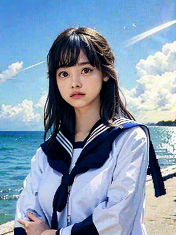 1 girl, alone, closed your mouth, particles of light, sailor suit, Pause, realistic, , beach, realistic, highest quality, Audience