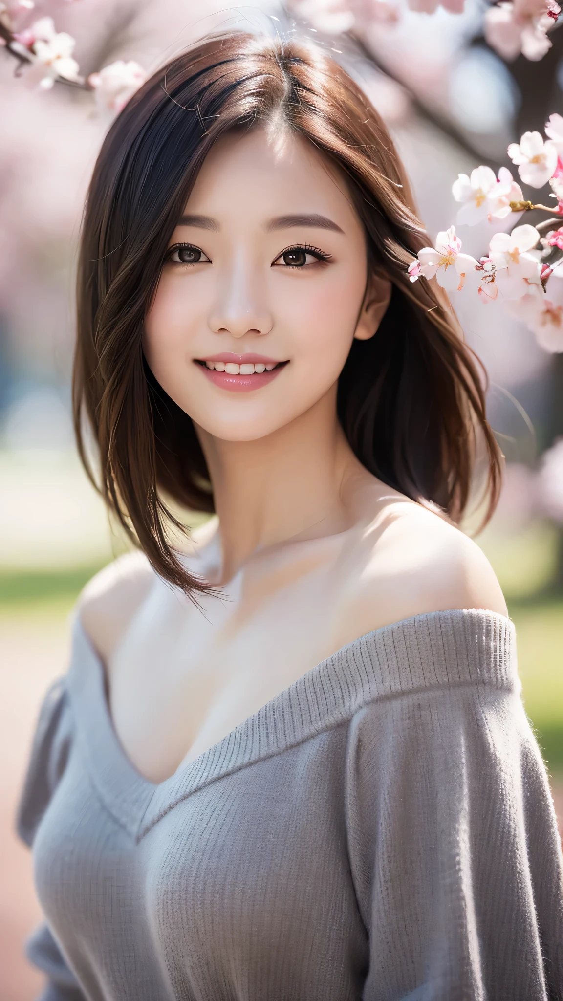 1girl, (Ultra realistic), (highly detailed eyes, highly detailed hair, highly detailed face, highly detailed plump lips), (off shoulder), breasts, caute smile, (best quality:1.4), Raw photo, (Ultra realistic), (photo-realistic:1.4), professional photography, cinematic light, depth of fields, cherry blossom trees, sunny skies,