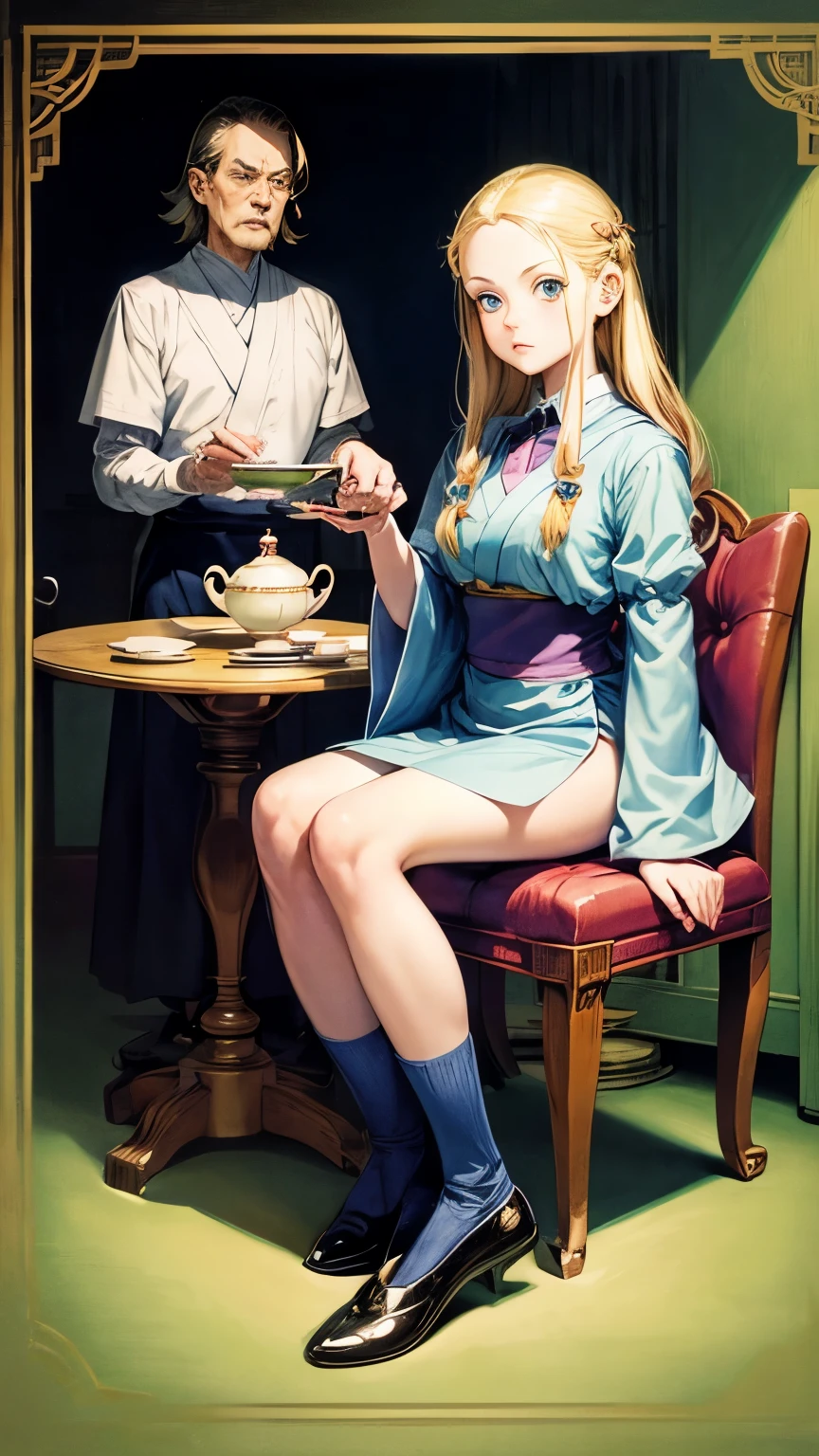 Mabel Attwell, Maurice Sendak, Naoko Takeuchi, Surreal, mysterious, bizarre, fantastic, fantasy, Sci-fi, Japanese anime, paranoia critic, bipedal Mr. Platypus, beautiful blonde miniskirt girl Alice having tea, perfect voluminous body, Alice in a teapot house, detailed masterpiece cute