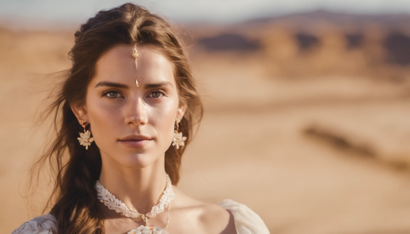 RAW photo, photograph of a American 25 years old woman, brown hair, white top,(detailed facial features), gorgeous face, techno style, standing in a desert, pale skin, wearing eyeliner, grainy, (high detailed skin:1.2), scene hair, (rave girl), wearing bracelets, wearing choker necklace, instagram, colorized, ((detailed face, detailed body)), ((full body))