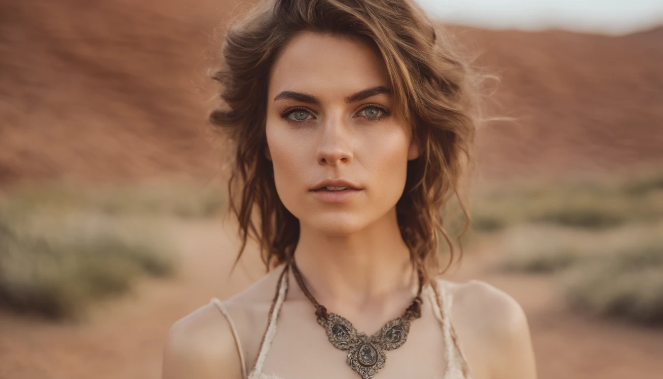 RAW photo, photograph of a American 25 years old woman, brown hair, white top,(detailed facial features), gorgeous face, techno style, standing in a desert, pale skin, wearing eyeliner, grainy, (high detailed skin:1.2), scene hair, (rave girl), wearing bracelets, wearing choker necklace, instagram, colorized, ((detailed face, detailed body)), ((full body))
