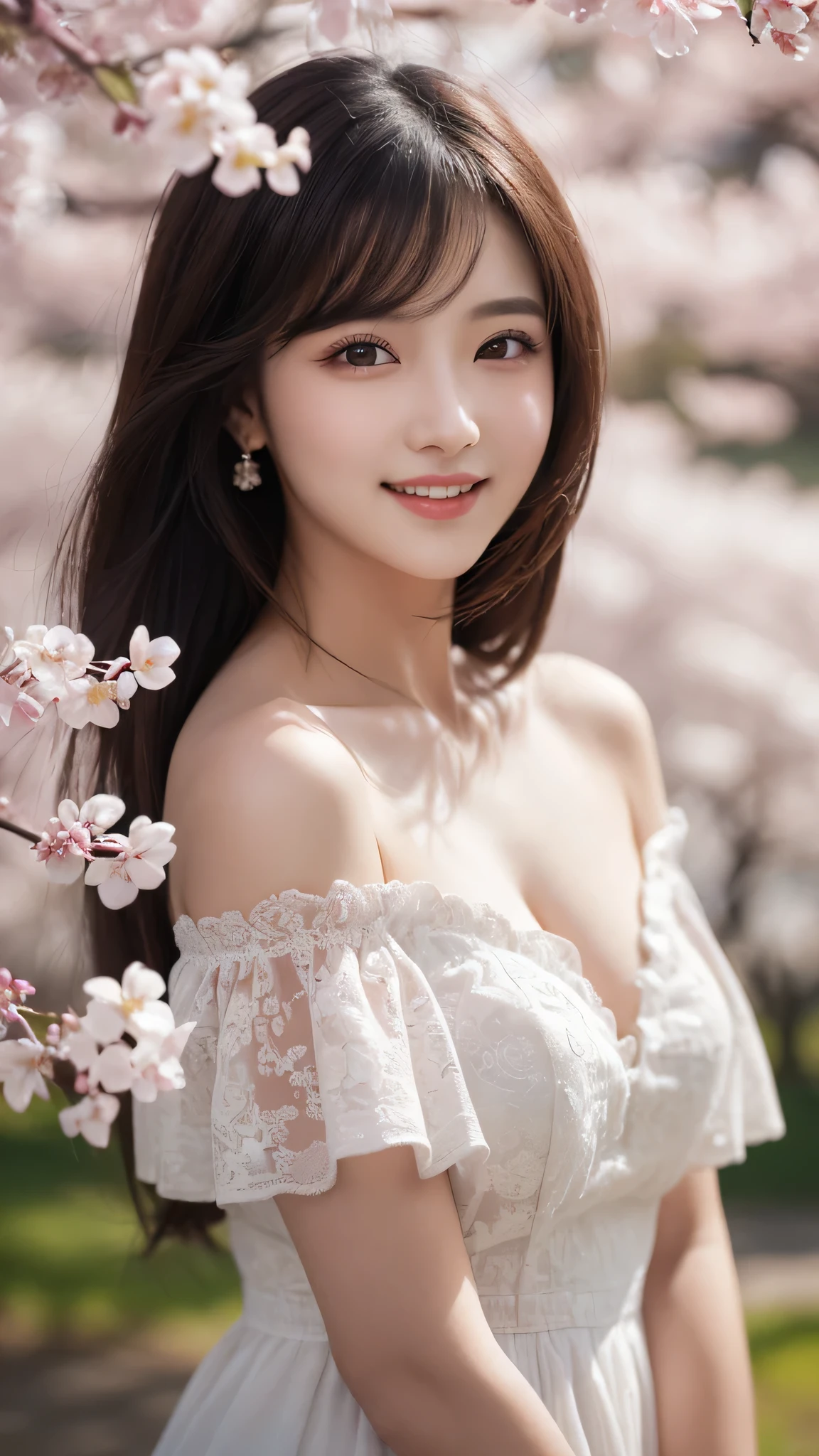 1girl, (Ultra realistic), (highly detailed eyes, highly detailed hair, highly detailed face, highly detailed plump lips), (off shoulder), breasts, caute smile, (best quality:1.4), Raw photo, (Ultra realistic), (photo-realistic:1.4), professional photography, cinematic light, depth of fields, cherry blossom trees, sunny skies,