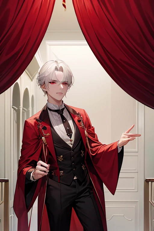 A white haired man with red eyes is posing in a fancy costume in a Gothic circus tent