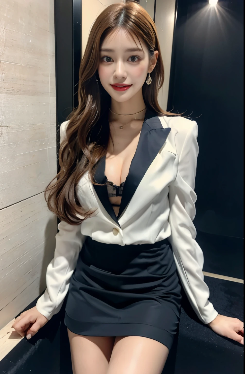 (highest quality, masterpiece:1.3, 超A high resolution), (Very detailed, Caustics), (Realistic:1.4, RAW shooting), Ultra-Realistic Capture, Very detailed,High resolution 16k, Human skin close-up, The skin texture is natural, It must be detailed enough to be easily identifiable, Skin should look healthy and have an even tone, Use natural light and color, ((ivory blazer:1.4)), ((the body is slim)), girl, Japanese, 18-year-old, cute, Straight Long Hair, Big Breasts, orgasming, Turn your body forward, (View from the front:1.1), Looking into the camera, focused on the chest, Light brown hair, ((Black choker)), Very long and bushy eyelashes, blue eyes, bangs、Luxury Hotel Lounge, Marble wall, sofa, ((orgasming face:1.4)), Big Breasts, Red lips, The background is marble wall, gem