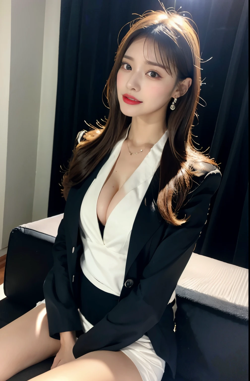 8K, highest quality, ultra high resolution, table top, realistic, realistic, high contrast, photon mapping, realistic, ultra detail, Low - Angle: 1.3, 1 girl, alone: 1.5, whole body, downtown, kpop star, K-POP idol, KPOP Costumes, sexy, (豪華なsexyな赤いランジェリー), flashy makeup, blazer: 1.2, short skirt: 1.2, blouse, Raw legs, high heels, 100 degree spread legs: 1.5, M-shaped legs, thighs open: 1.5, long brown hair, See-through wet white panties: 1.5, Panties visible from under the skirt: 1.3, expensive, Height is 170 cm, long legs: 1.2, small breasts, beautiful face: 1.2, Detailed female pubic shape is clearly visible: 1.3, pubic hair: 1.3, :1.3、rough skin