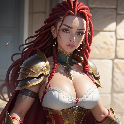 ((obra de arte)), ((tiro de vaqueiro)), ((character creation): 1.0), hiper-detalhado, hiperrealista, linda mulher, Her name is "vendeta".  mulher ruiva, ((cabelo vermelho)), (cabelos longos com dreads, longos dreads, dreadlocks head), ((cabelo vermelho): 1.0), com expressivos olhos castanhos, delicado nariz arrebitado, softly outlined lips, well-defined eyebrows and cabelo vermelho falling in soft waves over her shoulders.  Highlight radiant and friendly facial expression, providing a unique and captivating look.  vendeta wears elegant and tough armor, consisting of interlocking golden plates with red accents, reflecting your bravery and passion.  Seu capacete, adornado com penas vermelhas, emoldura seu rosto, highlighting your determination.  She carries a sharp-edged sword, ornamentado com runas antigas, and a flowing red cape that adds a touch of majesty to his warrior bearing."