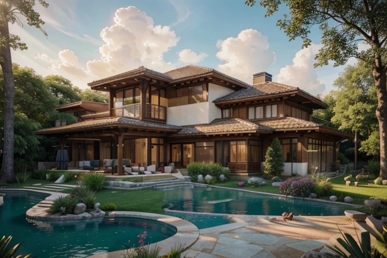 (best quality,4k,8k,highres,masterpiece:1.2),ultra-detailed,(realistic,photorealistic,photo-realistic:1.37),bright colors,concept artists,illustration,garden house,spacious garden,modern architecture,large windows,clean lines,elegant design,pool,terrace,fountain,lush greenery,flowerbeds,manicured lawns,outdoor seating area,contemporary furniture,harmonious interior design,abundant natural light,open floor plan,high ceilings,marble floors,large artwork,modern fireplace,scenic view,blue sky,clouds,sunny day,peaceful atmosphere