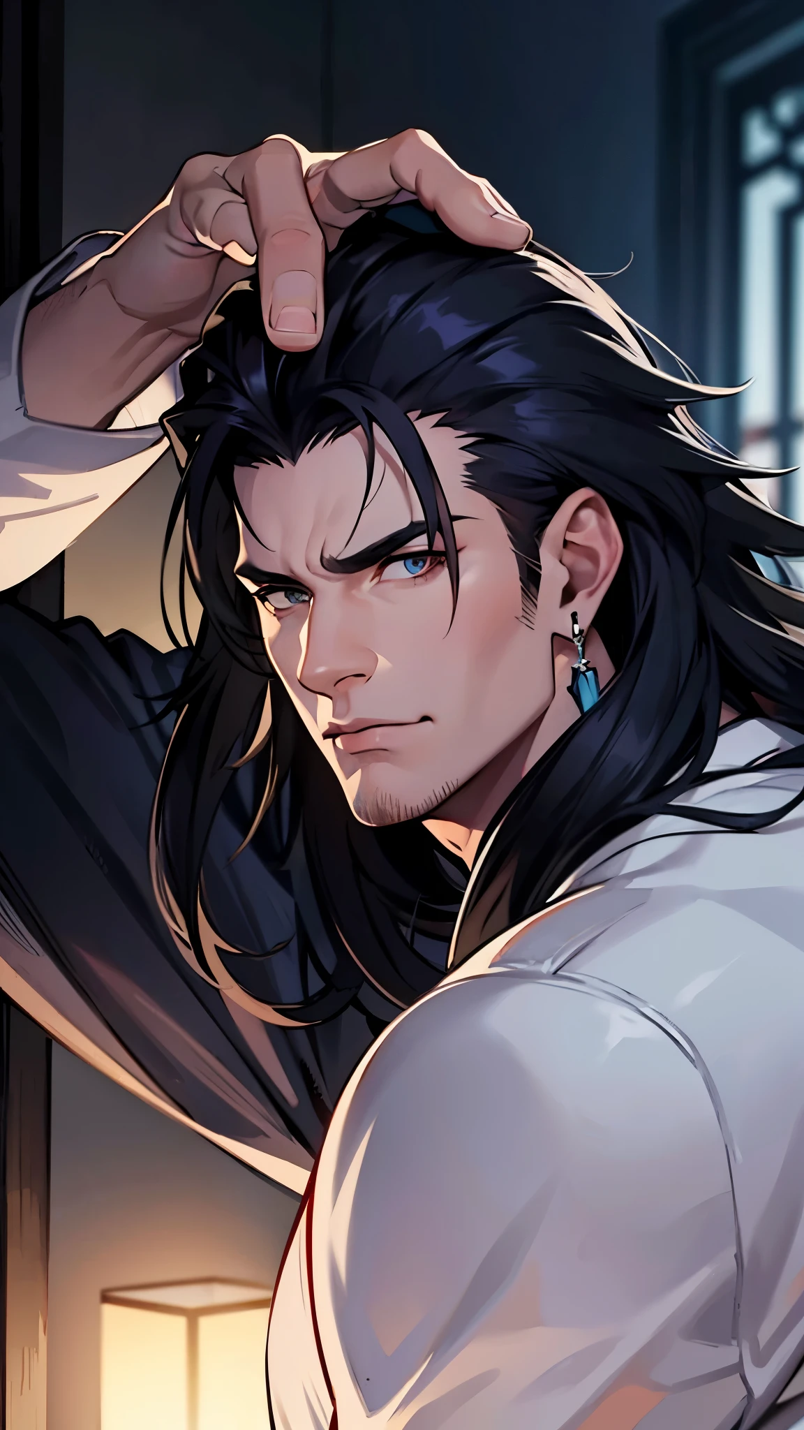 high detail, masterpiece, dramatic lighting(absurdres, highres, ultra detailed), extremely detailed CG unity 8k. mature face, adult man, man, muscular, tall, long black hair, sharp jawline, sharp eyes, muscular build, long earrings, mature man, piercings, scars on face