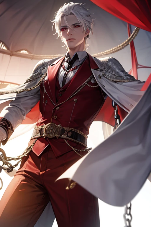 A white haired man with red eyes is whipping his chains around in n a fancy costume in a Gothic circus tent