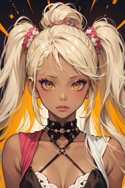 Ganguro is one of the most extreme substyles of gyaru. It features the classic gyaru silhouette but adds in extreme tanning, bright white makeup around the eyes, light-colored lipstick, and bright, often neon, colored clothing. Extremely blond died hair is also popular in the style. The substyle also often exaggerates classic gyaru features, such as extremely long nails decorated with many charms, She wears snowboard goggles with a white frame and white lenses.