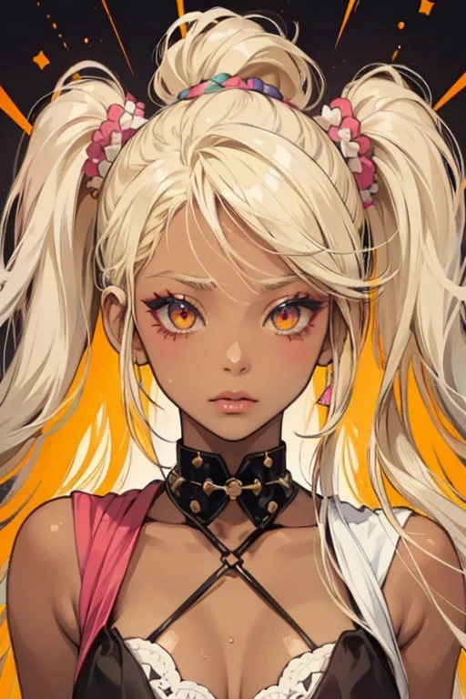 Ganguro is one of the most extreme substyles of gyaru. It features the classic gyaru silhouette but adds in extreme tanning, bright white makeup around the eyes, light-colored lipstick, and bright, often neon, colored clothing. Extremely blond died hair is also popular in the style. The substyle also often exaggerates classic gyaru features, such as extremely long nails decorated with many charms, She wears snowboard goggles with a white frame and white lenses.