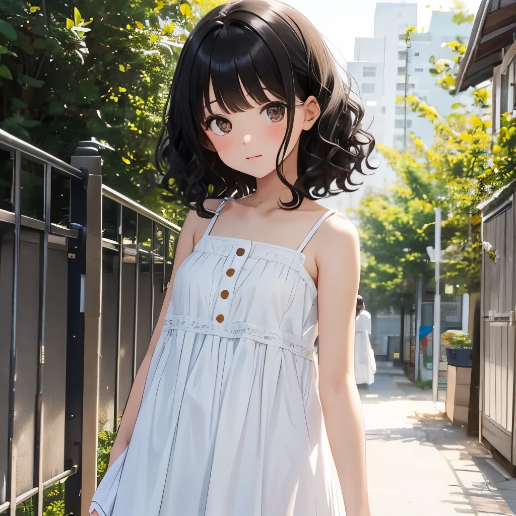 Girl with black and shorr curly hair no front bangs wearing a white plain dress