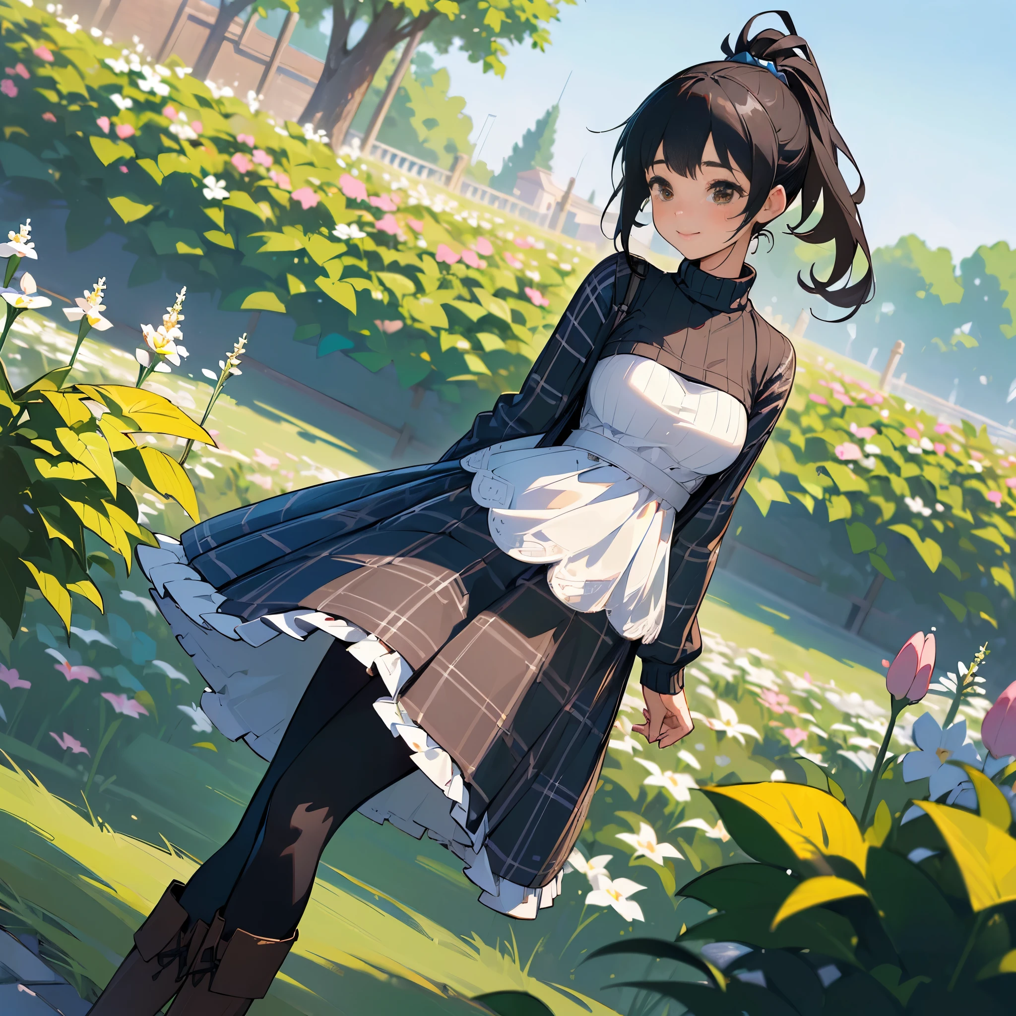 (high quality, high resolution, Super detailed, Reality:1.37), peaceful atmosphere, (outdoor, garden), Teenage girl standing alone, (My breasts are big.), Beautiful detailed features, cute smile, (black hair ponytail), ribbed sweater, blue plaid skirt, Black tights, brown boots.