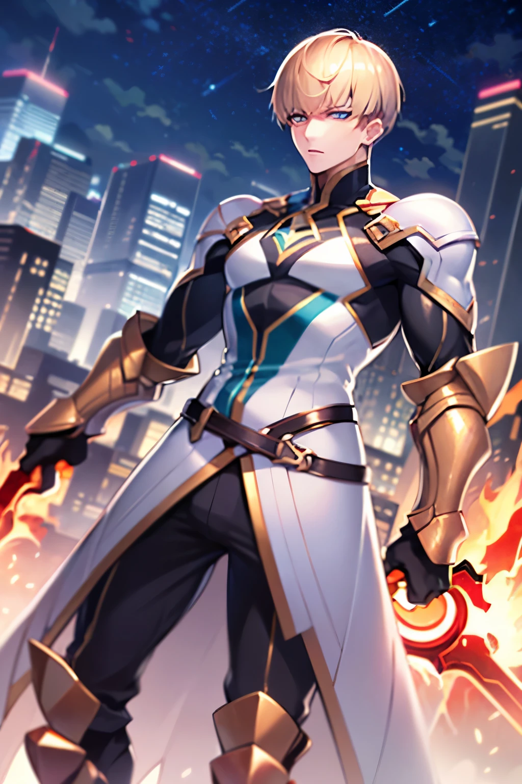 (masterpiece),((ultra-detailed)), (highly detailed CG illustration),(expressionless), (best quality:1.2), enzo, solo, looking at viewer, short hair, bangs, blunt bangs, blue eyes, blonde hair, gloves, 1boy, male focus, armor, shoulder armor, (blood), fire, blood on face, gloves, black gloves, belt, boots, armored boots, gauntlets, pants, black pants, coat, white coat, dual wielding,  outdoors, sky, star (sky), city background, night, realistic, Men's muscles, muscle, Convex crotch