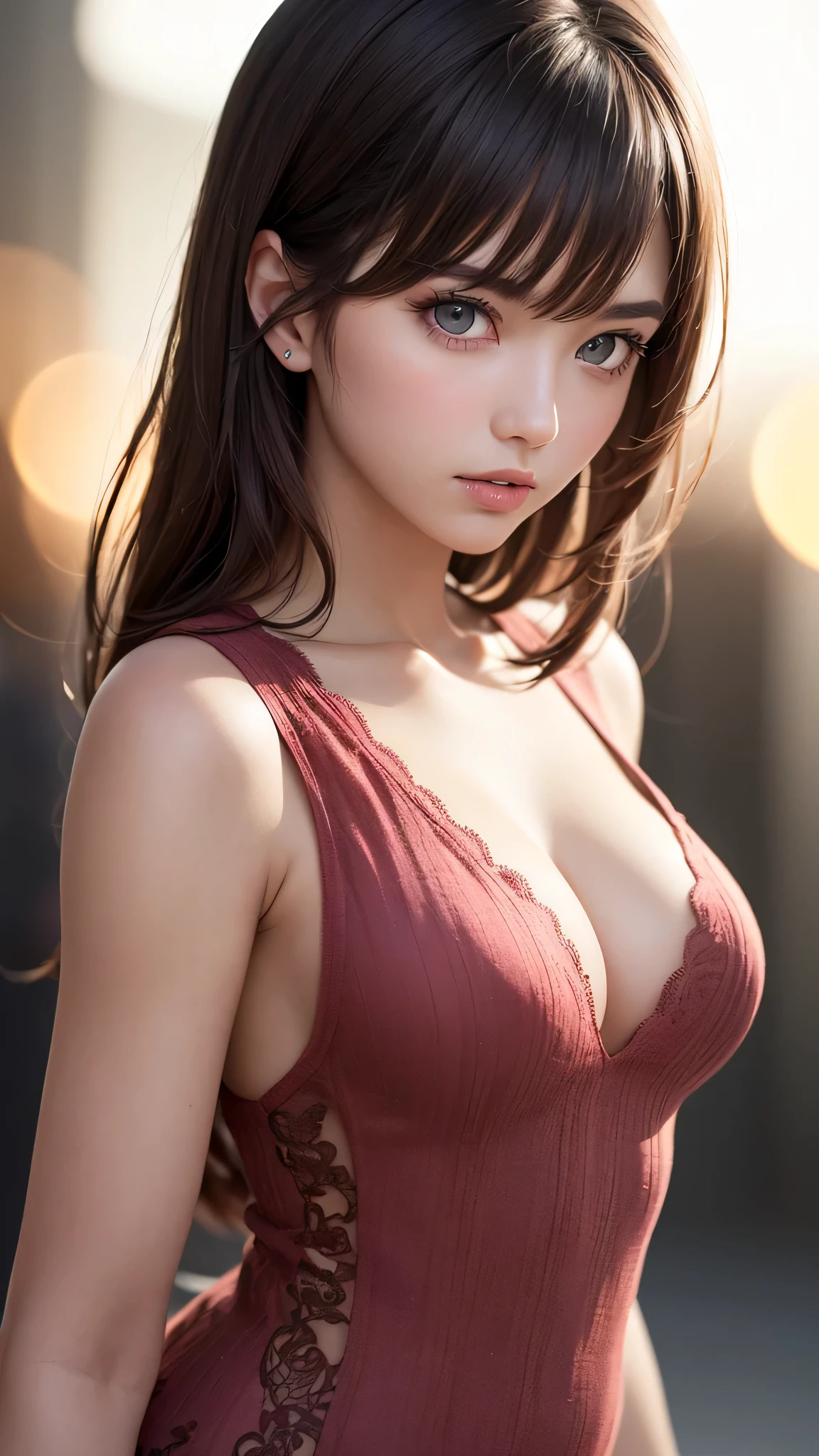 ((1girl)), Brown hair, Amazing face and eyes, Pink eyes, (amazingly beautiful girl), Brown hair, ((Best Quality)), (Ultra-detailed), (extremely detailed CG unified 8k wallpaper), Highly detailed, High-definition raw color photos, Professional Photography, (((Bokeh))), depth of fields,