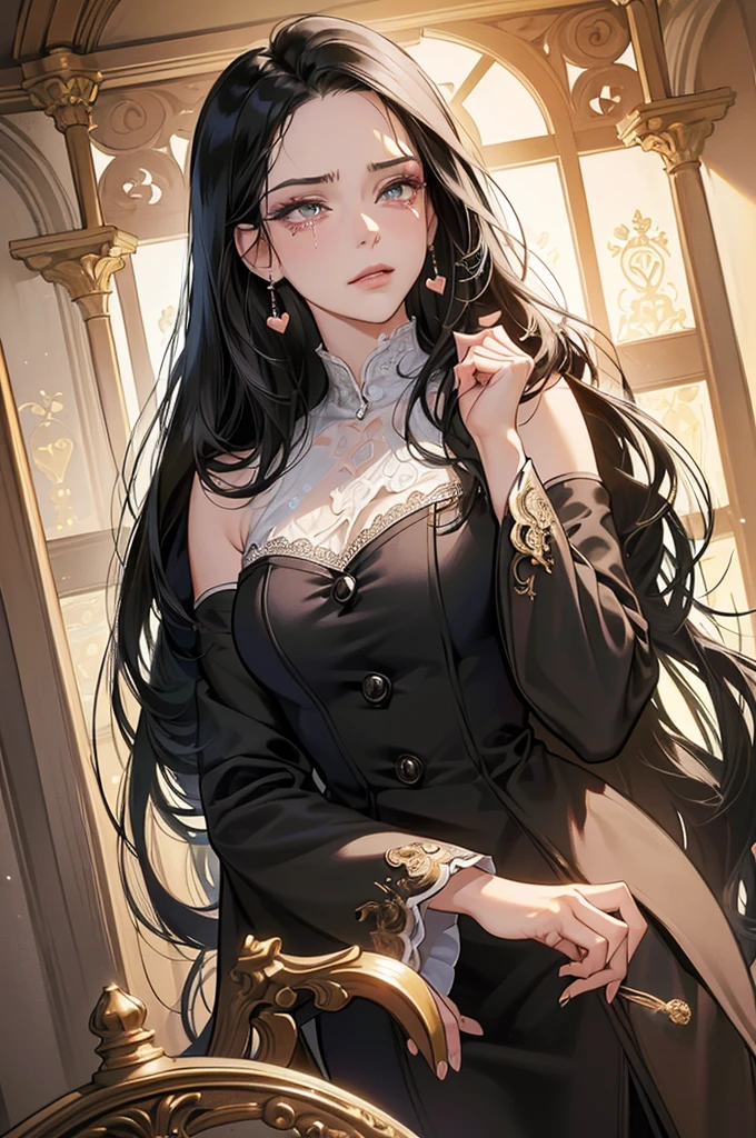 (masutepiece, Digital Art, Digital Illustration, 4K, 8K, Ultra-detailed, beautiful image, Sharp Image, Photorealistic, Raw photo, Perfect face, Perfect lines, Perfect eyes, Soft lighting) 1 woman, (Long Black Hair,straight haired,Bullish gaze,Beautie,ellegance,mannish,Onepiece,Solid makeup,23 y-o woman,:1.3),Two handsome men in suits, (ember,Men in suits,well-muscled,Firm shoulder width,Adult male,Boyish hairstyle,English gentlemanly style,Man in his 30s with a cool expression,28-year-old man with bright smile:1.2),Antique furnishings,Antique Clamps,Antique chair,chandeliers,Crystal Glass,Luxury,fantastical light,Marble fireplace,wine glasses ,champagne,(First failure,heart-broken,Crying face,vexation:1.2),Crying a lot