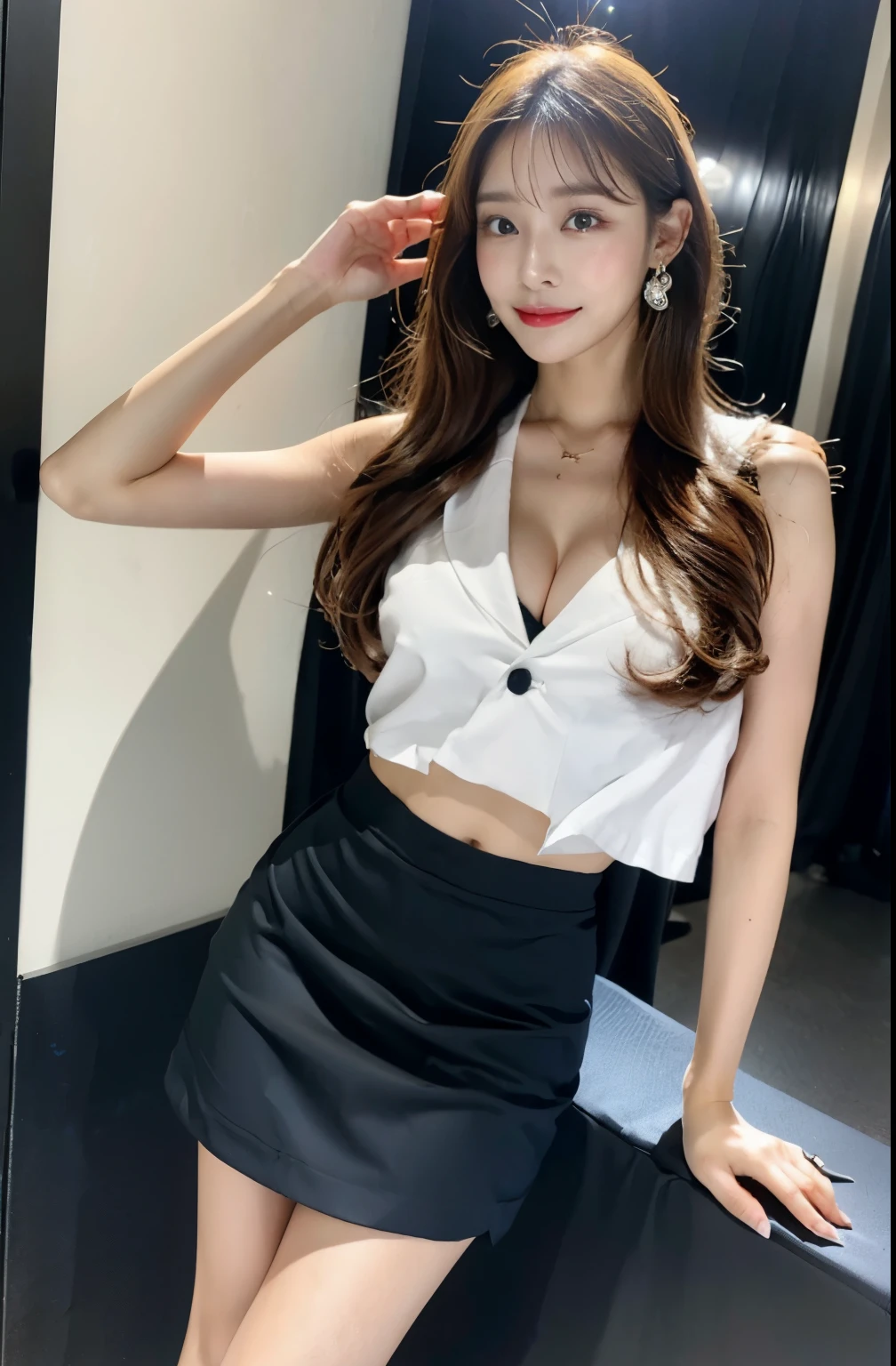 8K, highest quality, ultra high resolution, table top, realistic, realistic, high contrast, photon mapping, realistic, ultra detail, Low - Angle: 1.3, 1 girl, alone: 1.5, whole body, downtown, kpop star, K-POP idol, KPOP Costumes, sexy, (豪華なsexyな赤いランジェリー), flashy makeup, blazer: 1.2, short skirt: 1.2, blouse, Raw legs, high heels, 100 degree spread legs: 1.5, M-shaped legs, thighs open: 1.5, long brown hair, See-through wet white panties: 1.5, Panties visible from under the skirt: 1.3, expensive, Height is 170 cm, long legs: 1.2, small breasts, beautiful face: 1.2, Detailed female pubic shape is clearly visible: 1.3, pubic hair: 1.3, :1.3、rough skin